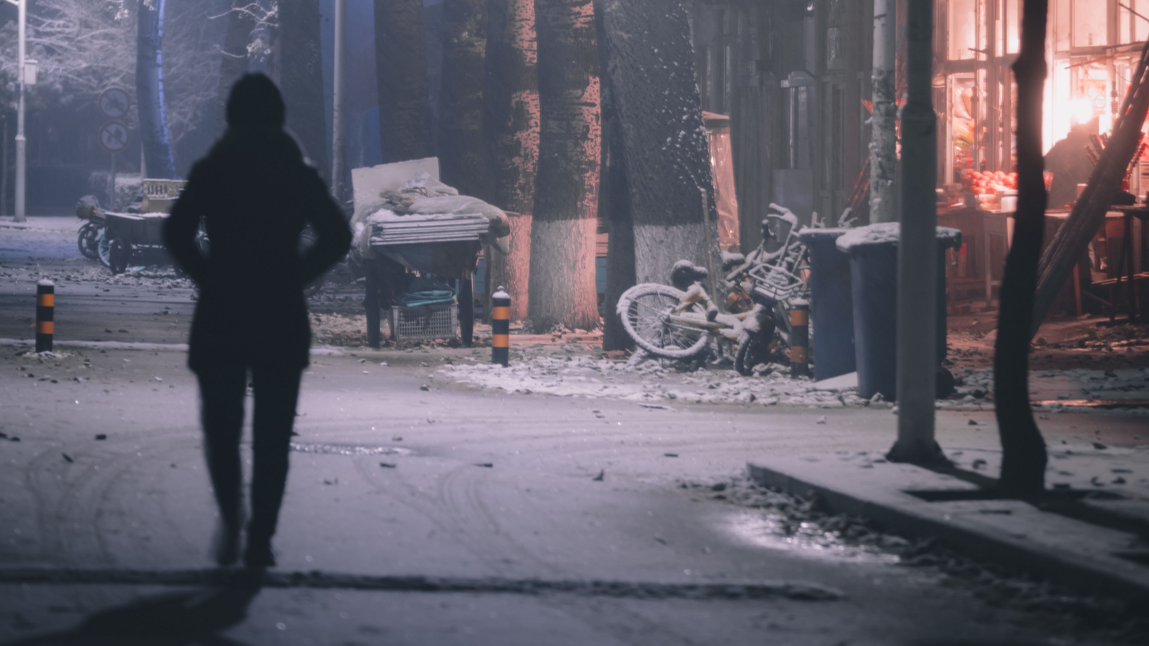 silhouette, street, night, snow, 4k, HD Wallpaper