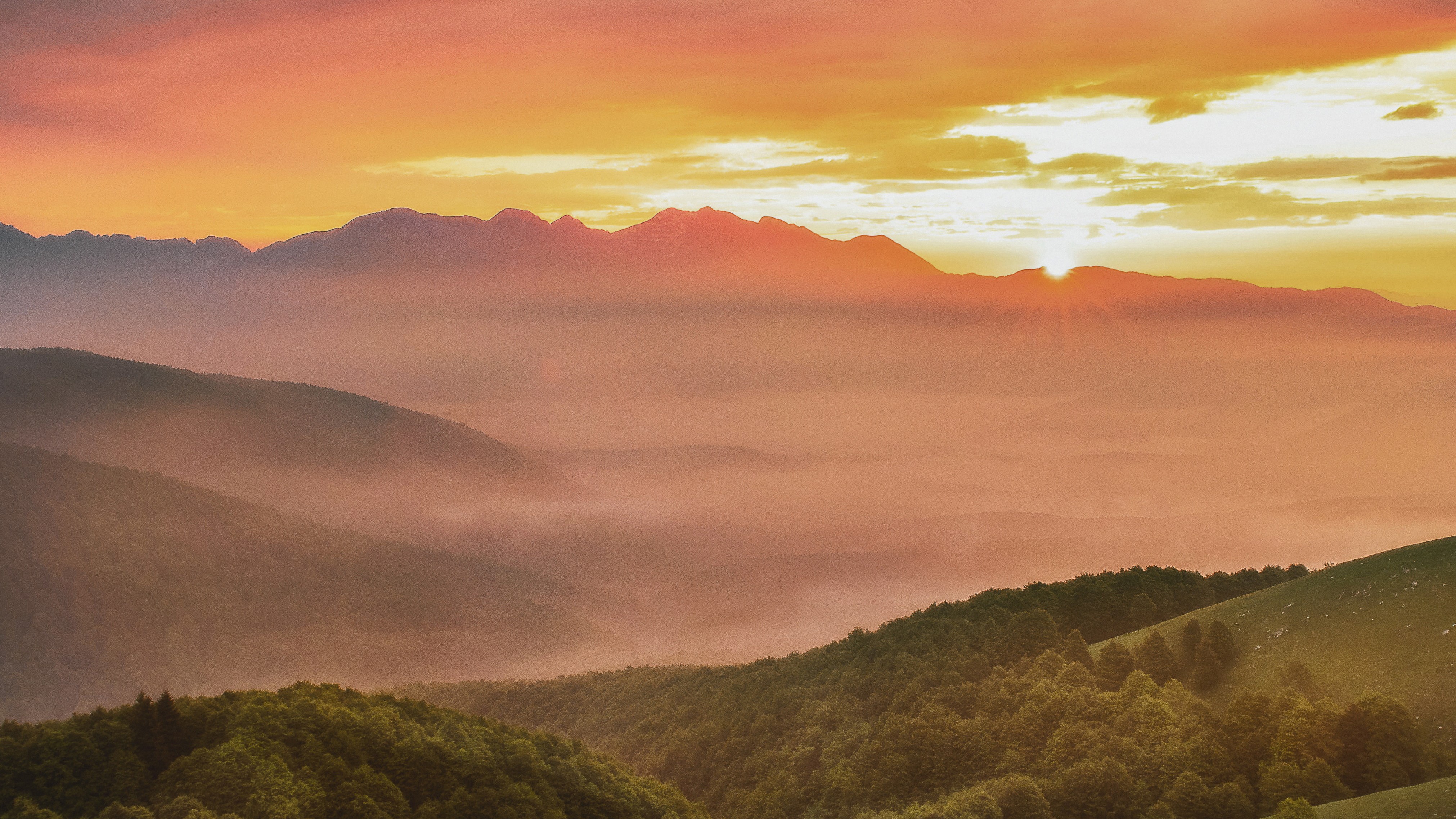 mountains, trees, sunrise, nature, hd, 4k, HD Wallpaper