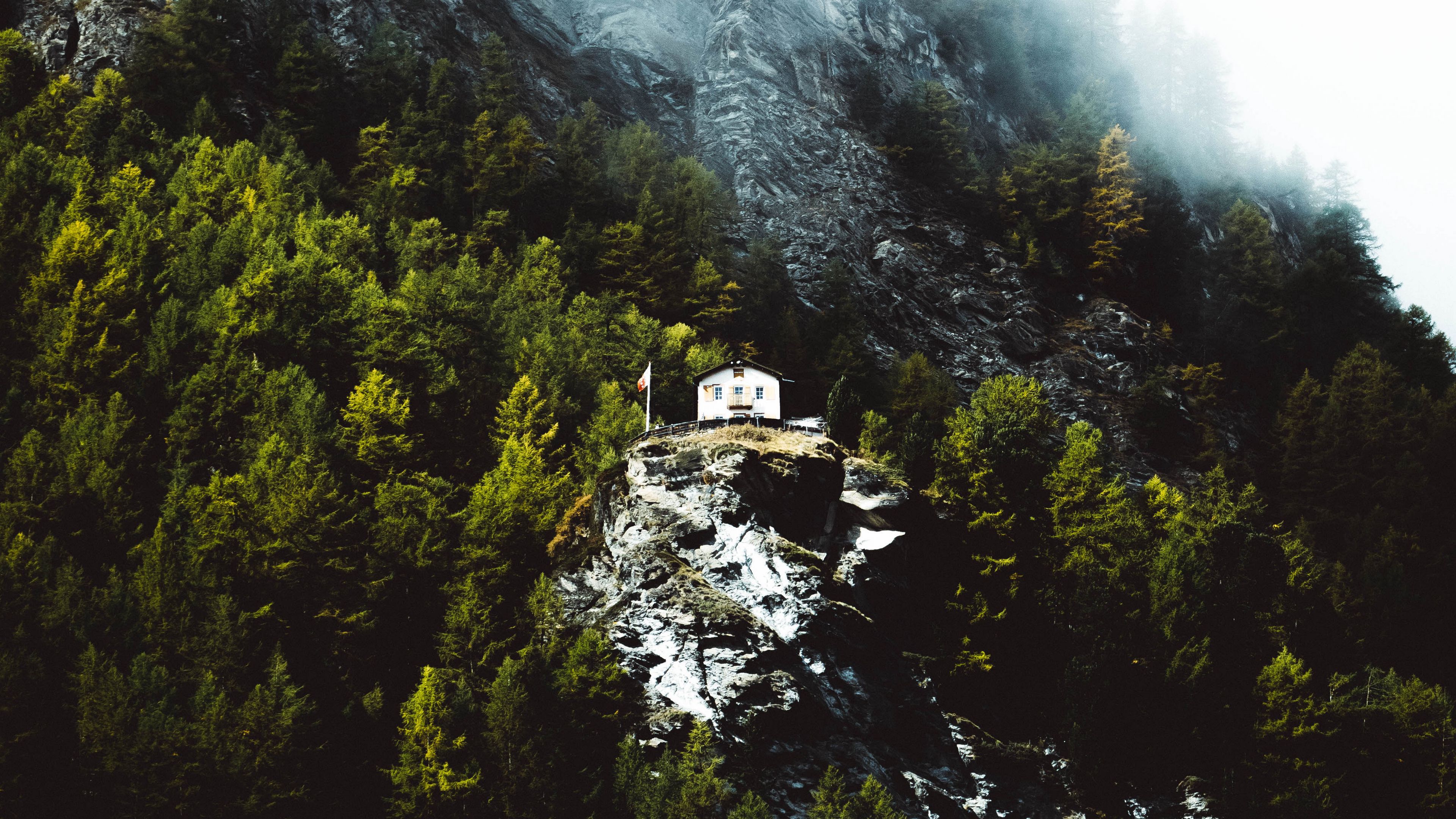 mountain, house, slope, rock, trees, 4k, HD Wallpaper