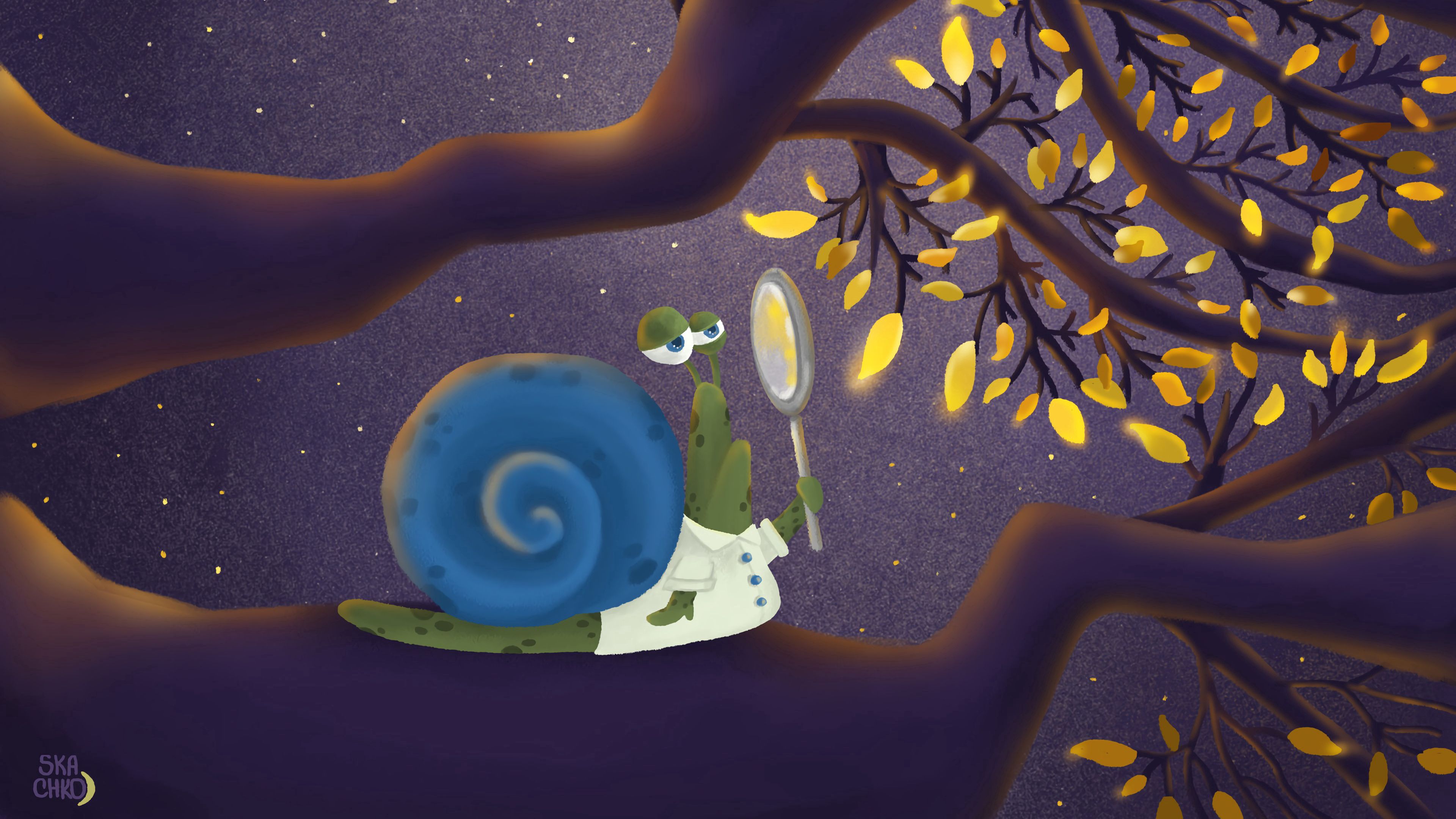 snail, branch, magnifier, leaves, art, funny, 4k, HD Wallpaper