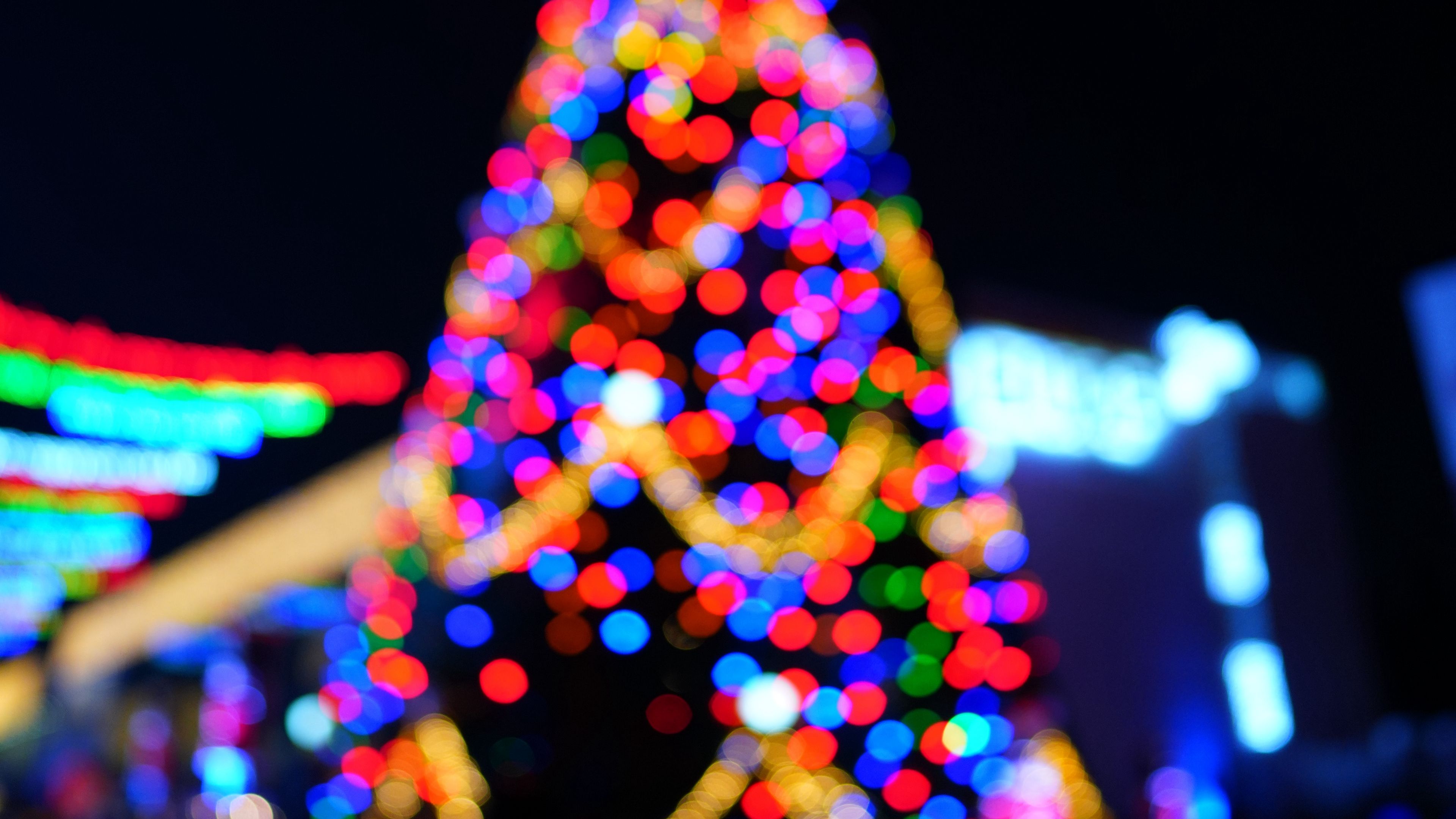 tree, lights, glare, colorful, blur, 4k, HD Wallpaper