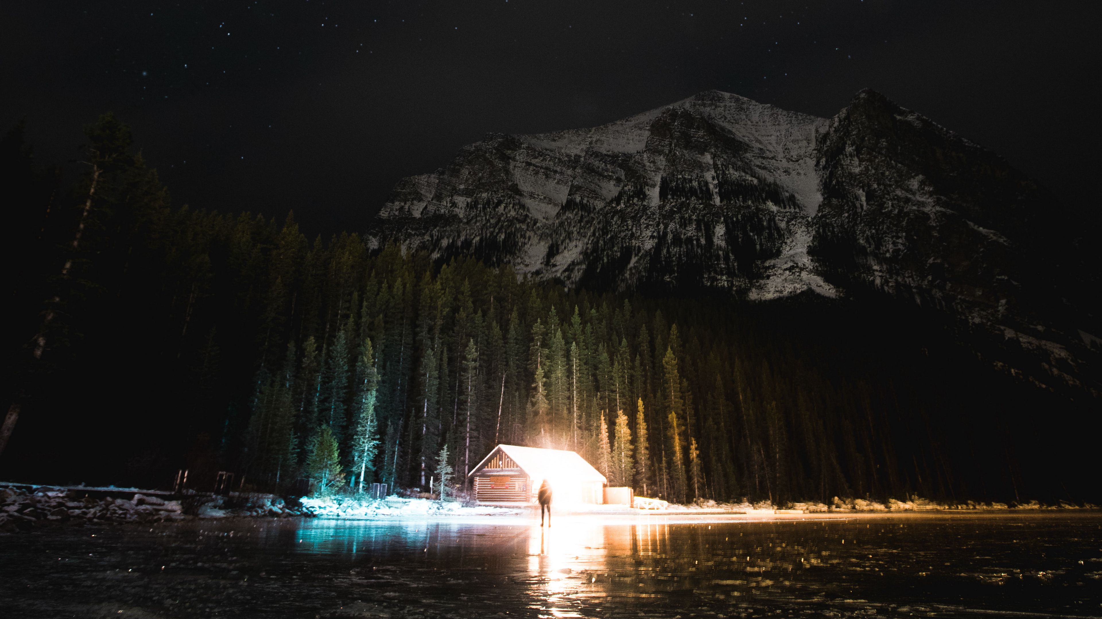 mountain, night, starry sky, silhouette, lake, 4k, HD Wallpaper