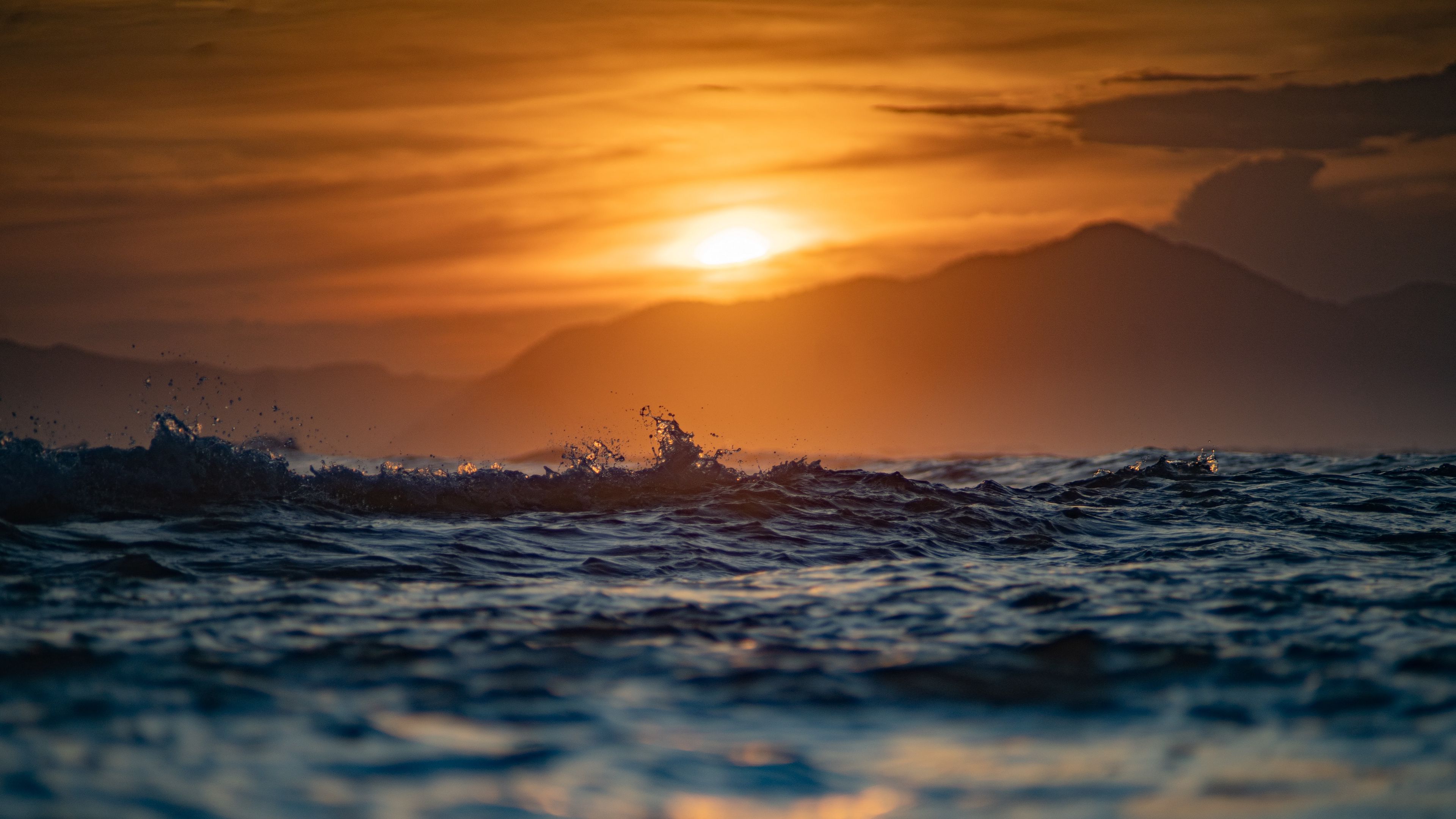 sea, waves, splash, hill, sun, 4k, HD Wallpaper