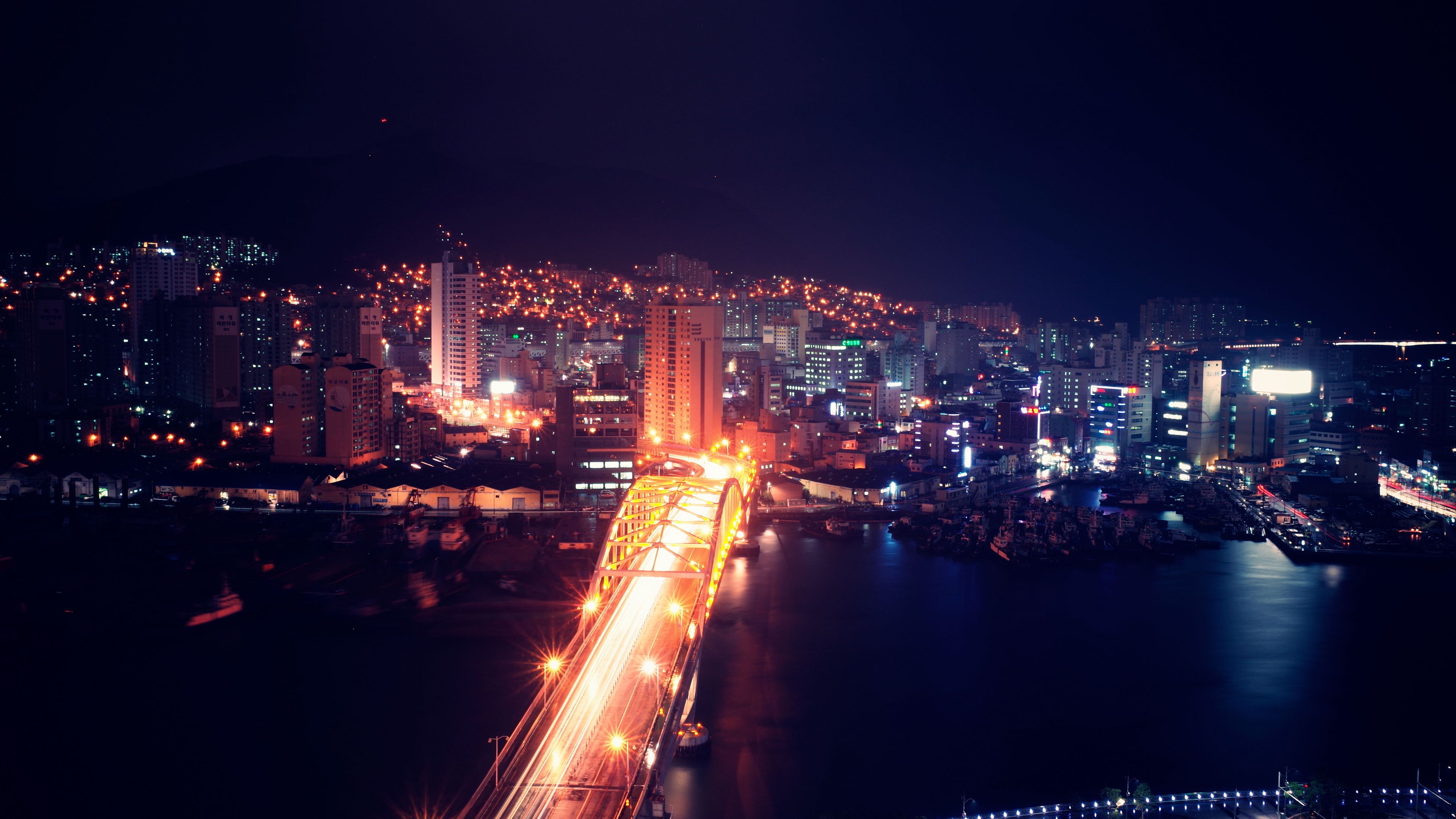 night city, aerial view, buildings, bridge, backlight, architecture, 4k, HD Wallpaper