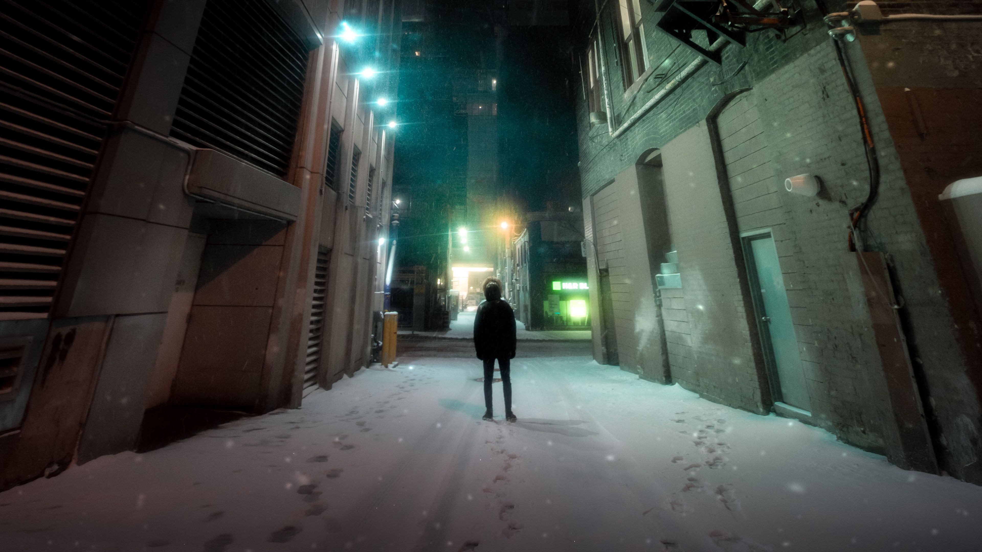 man, loneliness, buildings, night city, snow, 4k, HD Wallpaper