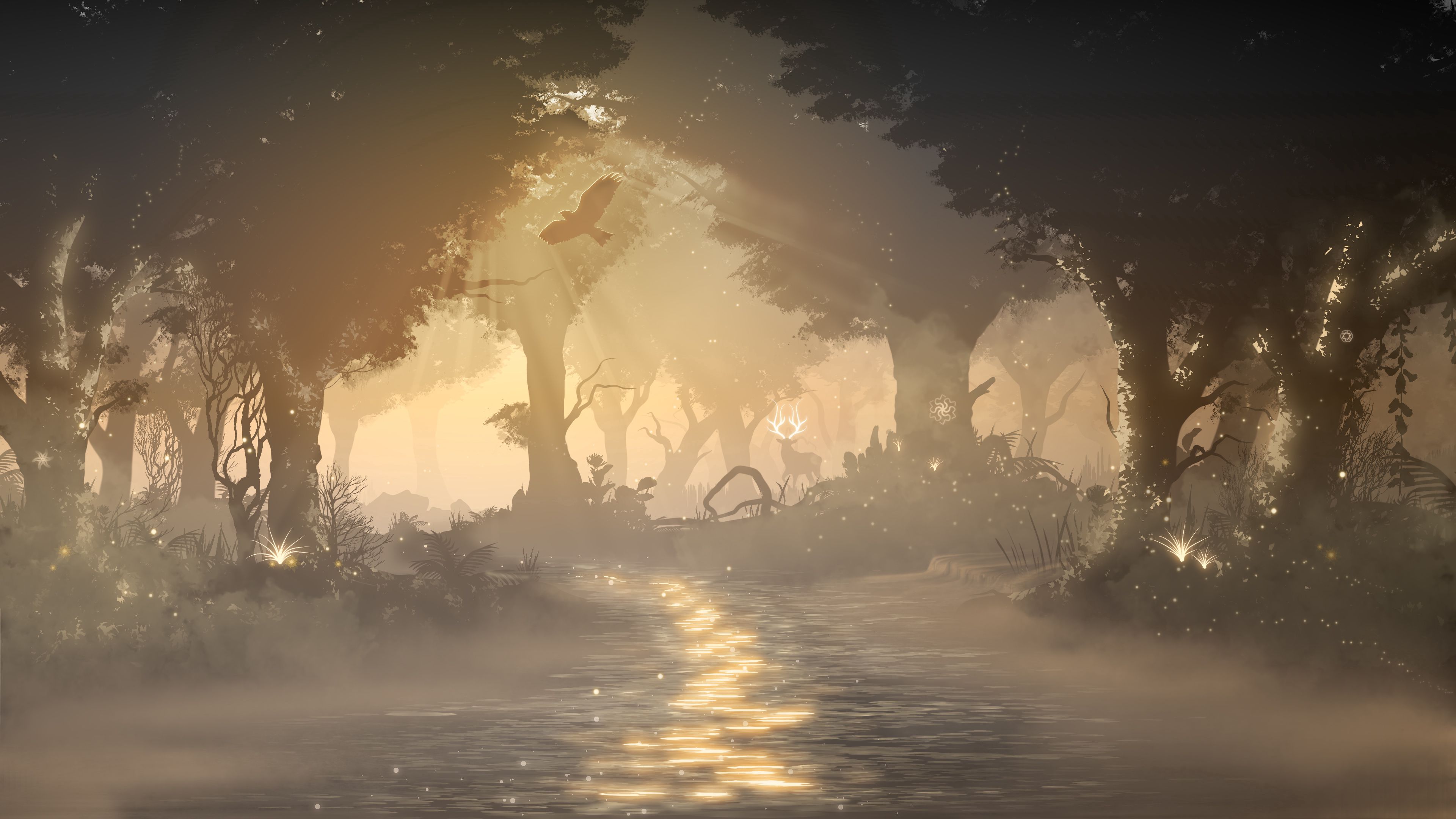 forest, fog, light, animals, wildlife, art, 4k, HD Wallpaper