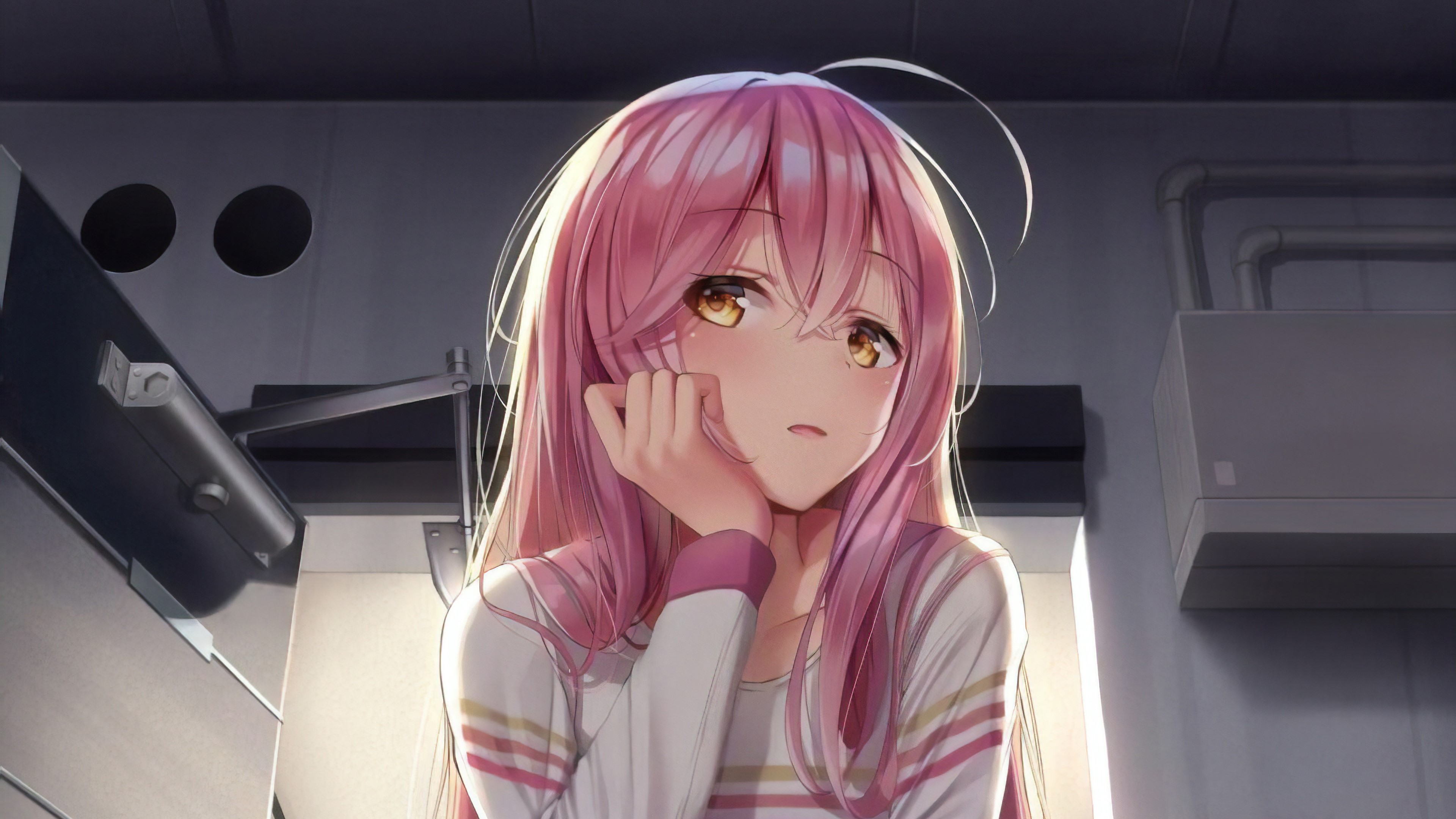 anime girl, anime, pink, artist, artwork, digital art, hd, 4k, balcony, HD Wallpaper