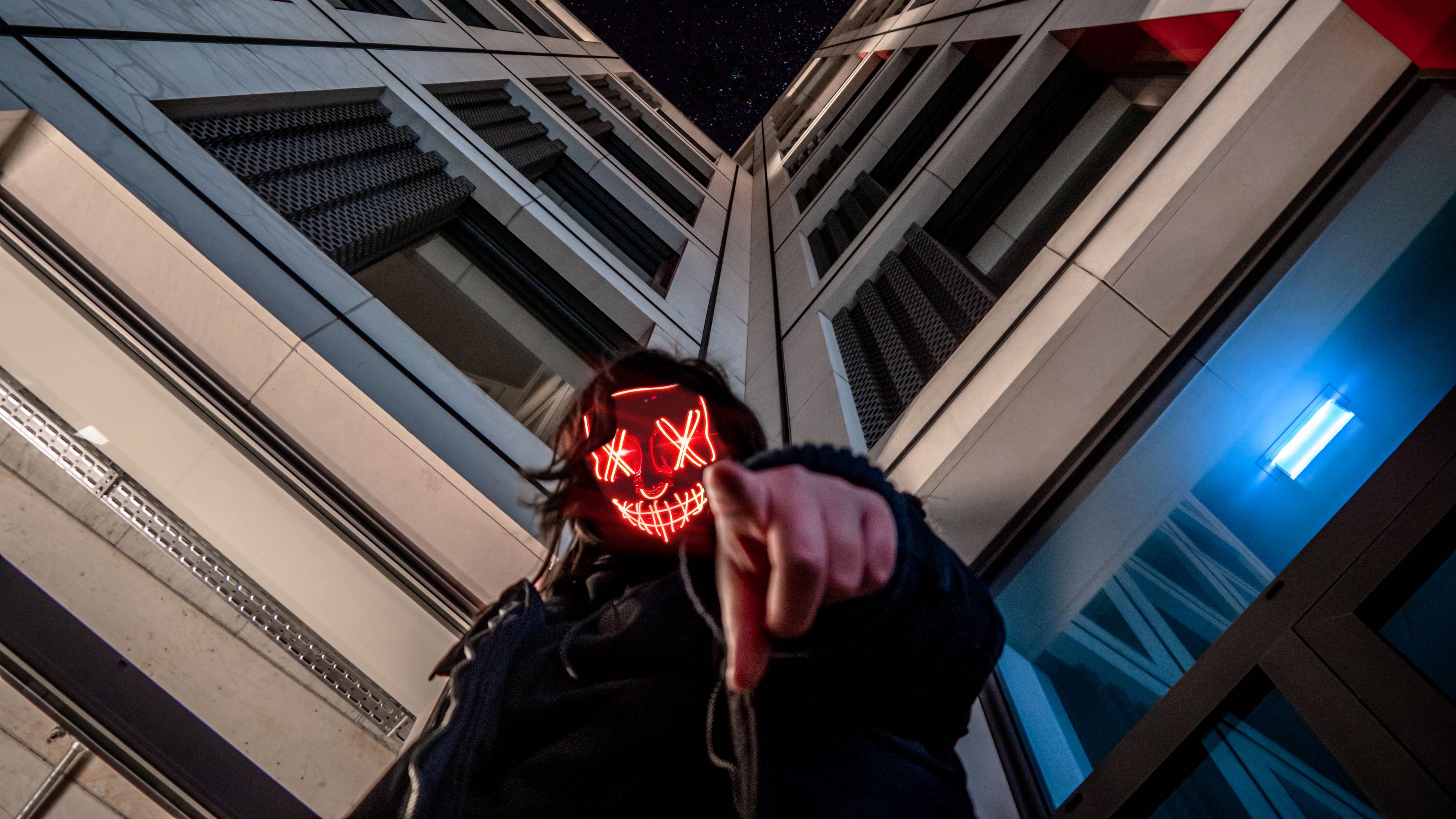 man, mask, finger, building, night, 4k, HD Wallpaper