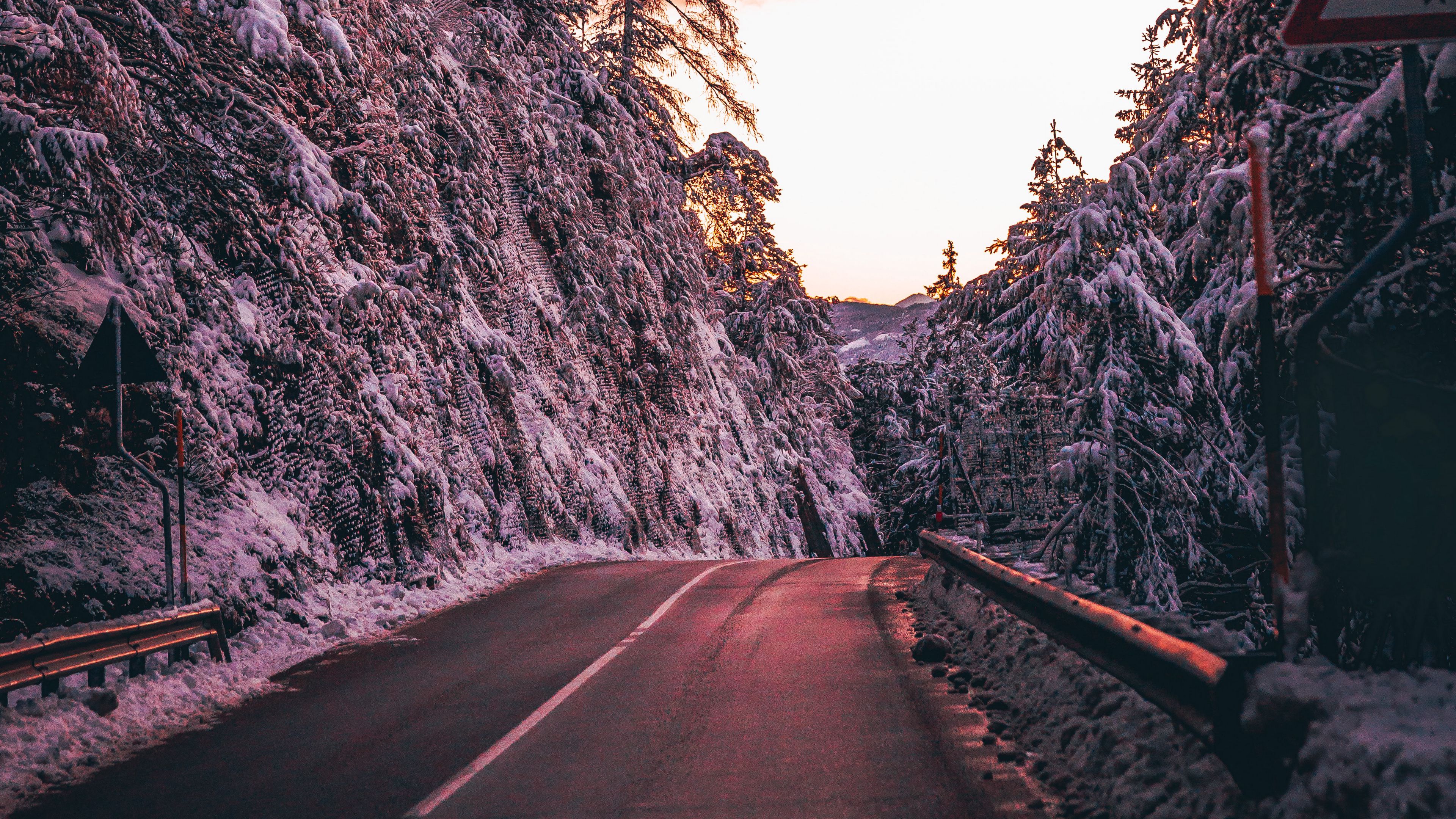 road, trees, snow, dusk, nature, 4k, HD Wallpaper