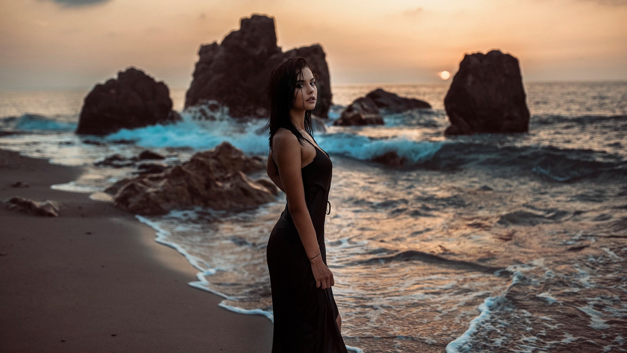 girls, model, hd, black dress, HD Wallpaper