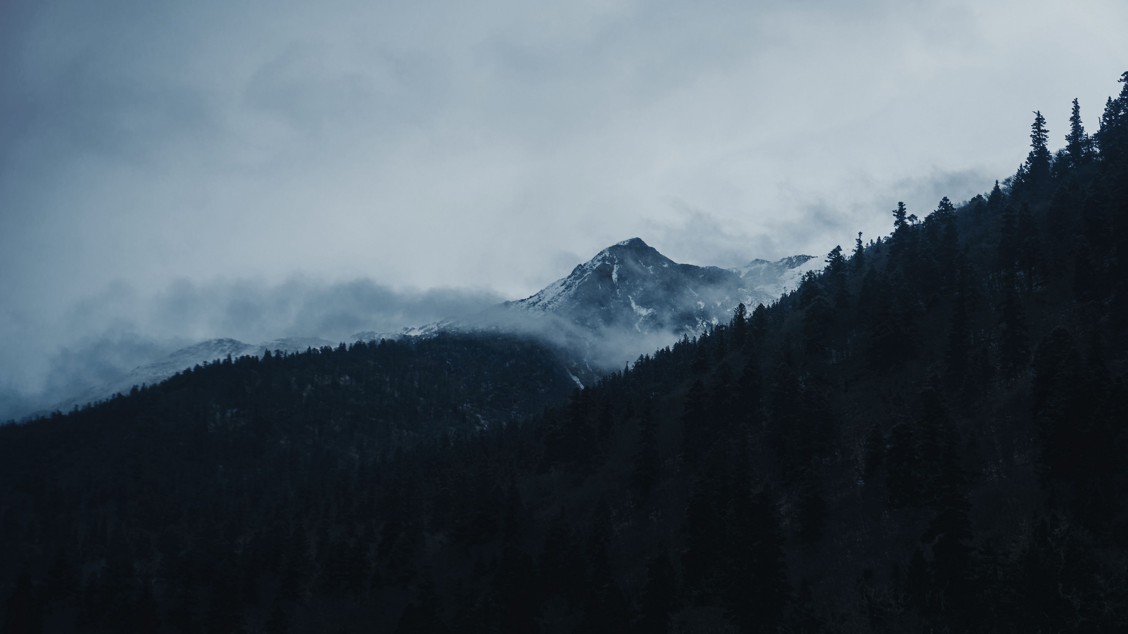 mountain, peak, clouds, trees, landscape, 4k, HD Wallpaper