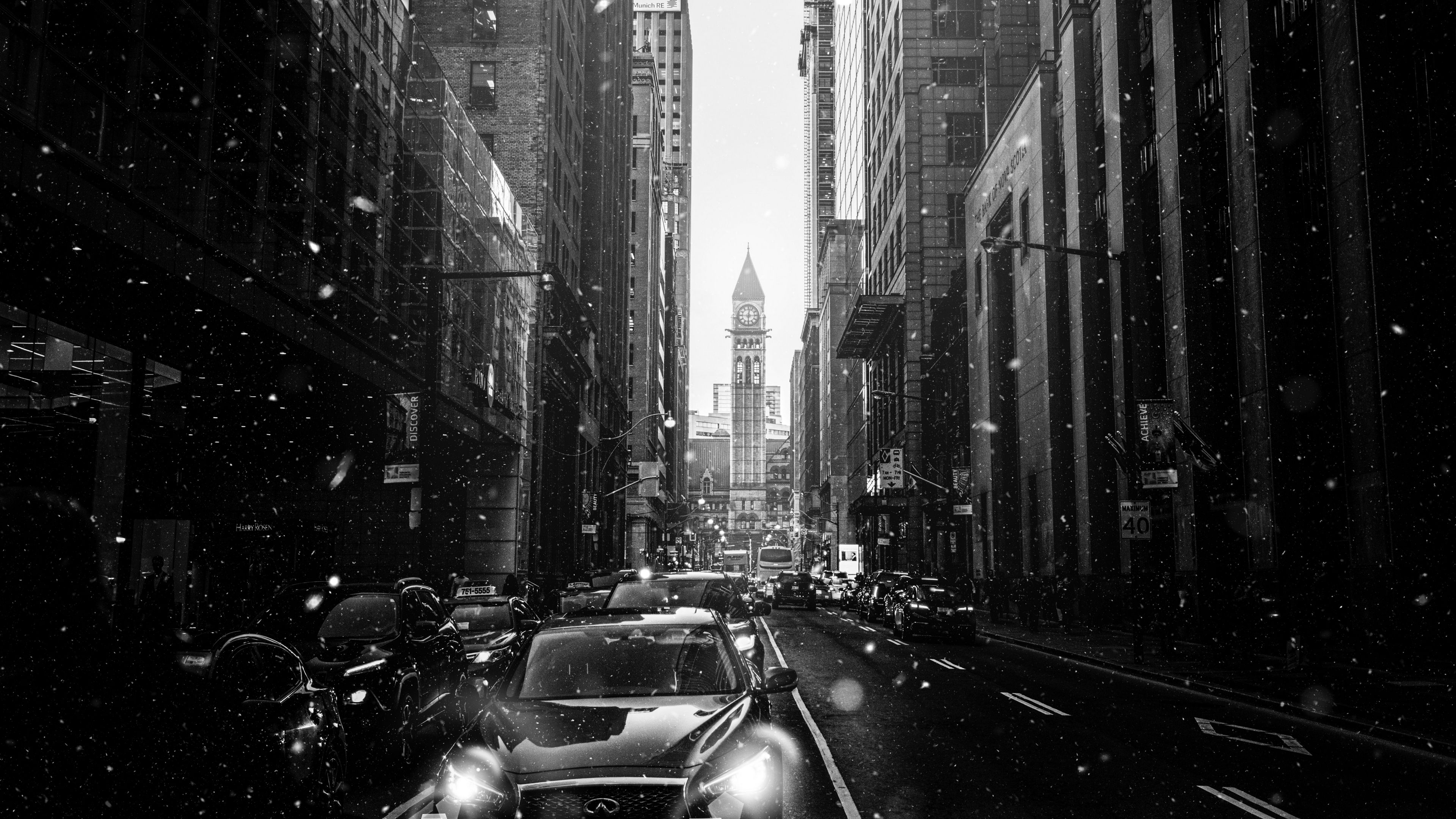 city, street, bw, cars, snowfall, snow, 4k, HD Wallpaper