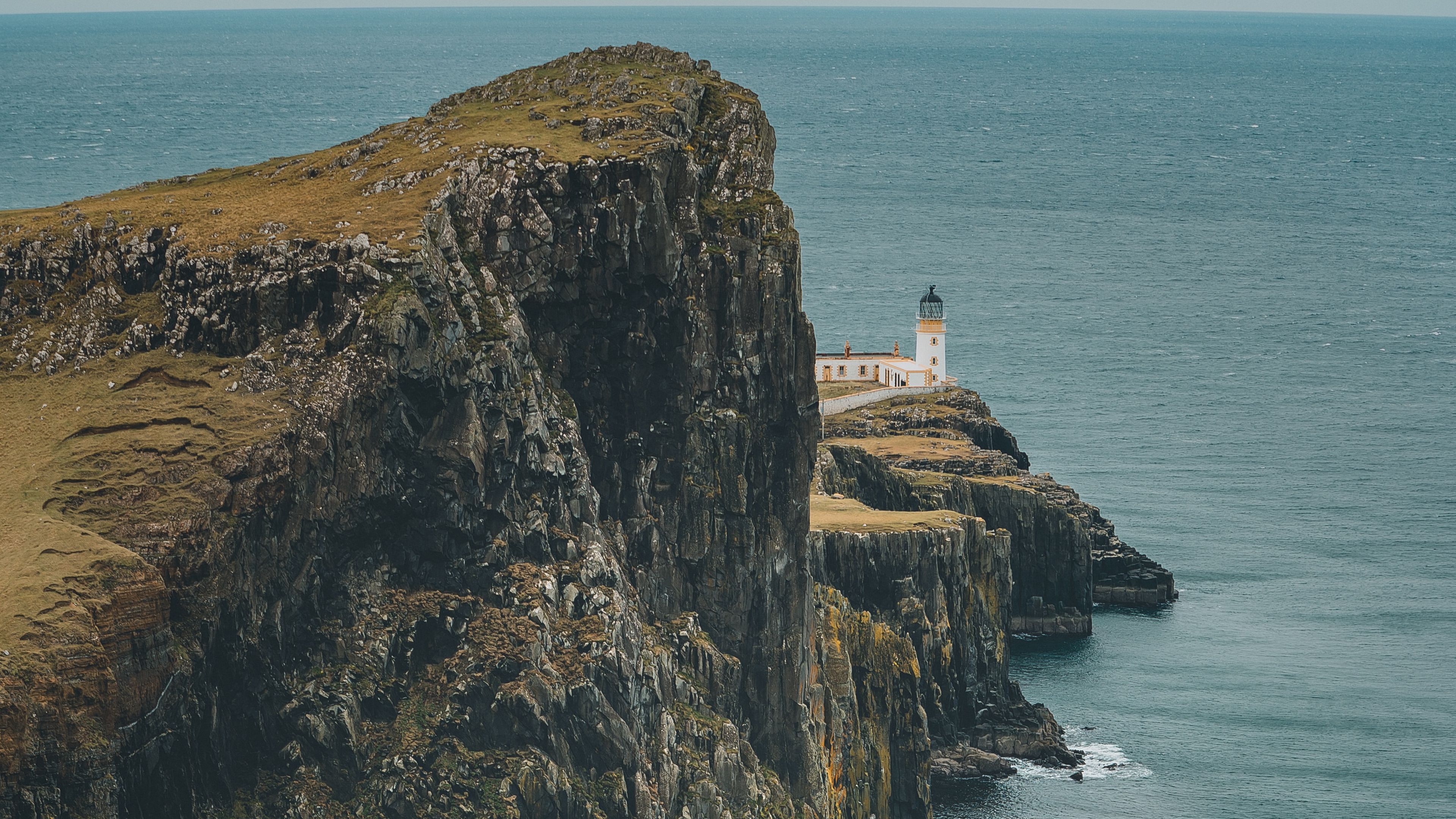 cliff, sea, coast, lighthouse, building, 4k, HD Wallpaper