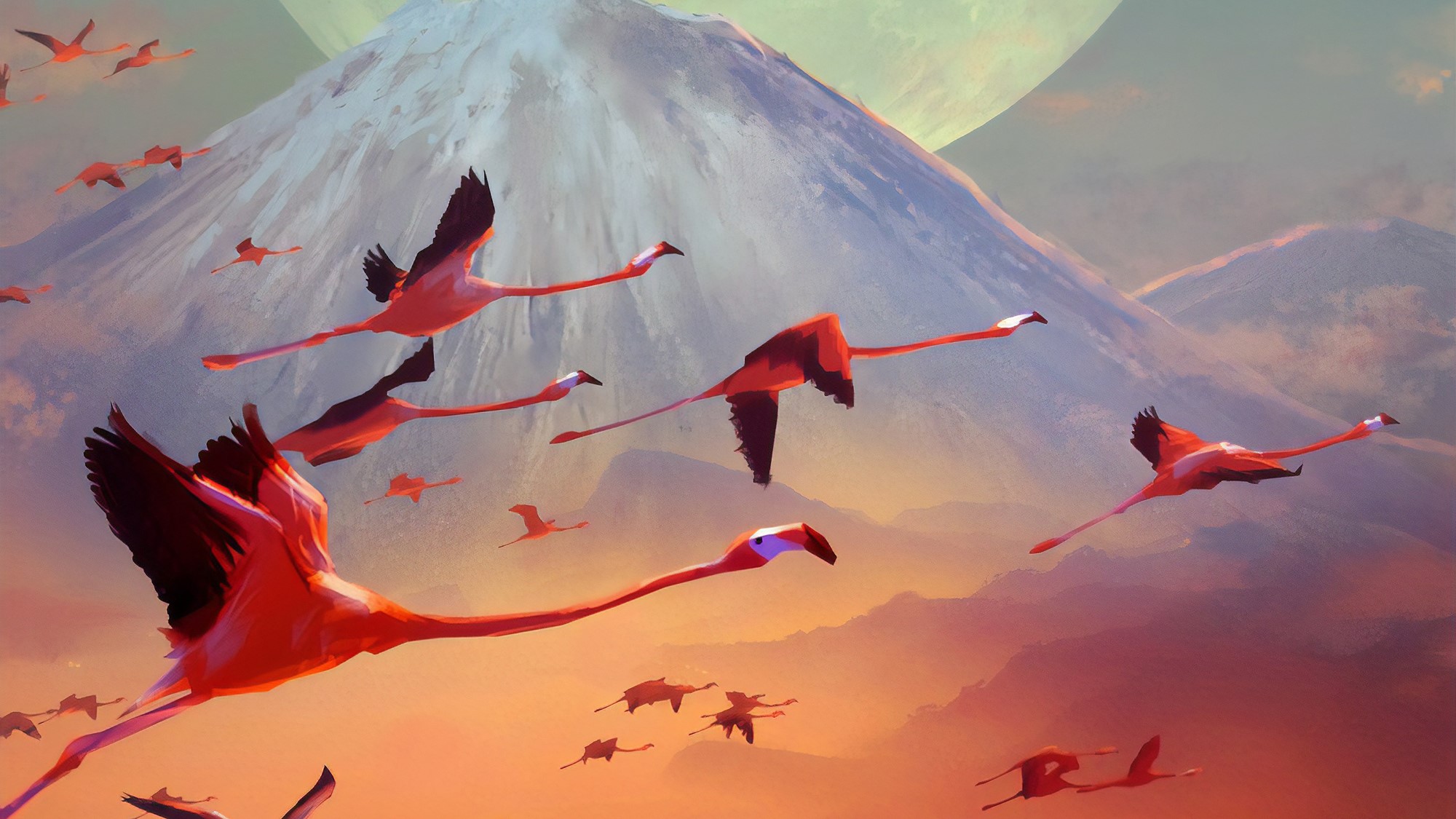 flamingos, birds, artist, minimalism, artwork, digital art, hd, artstation, HD Wallpaper