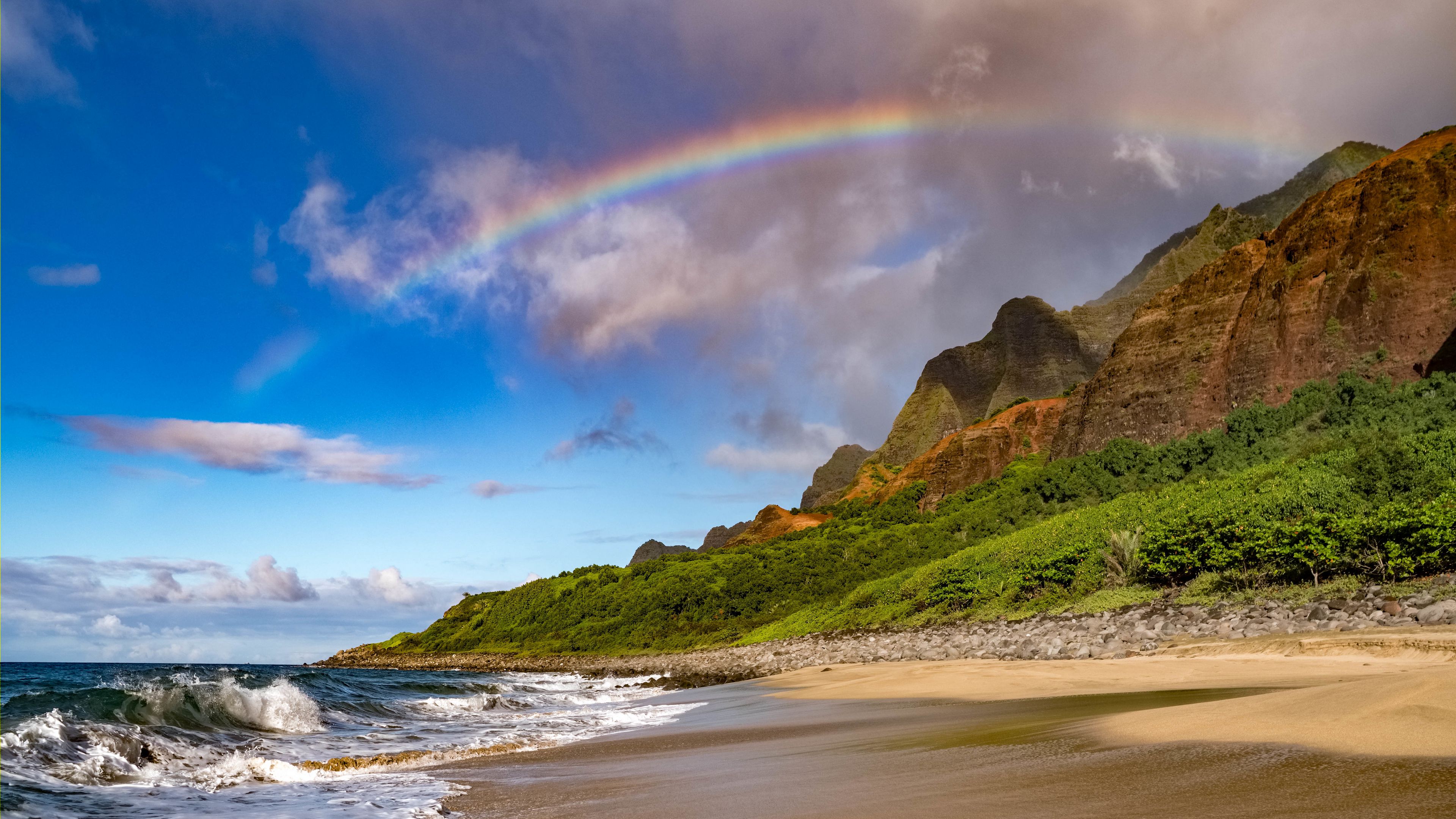 beach, coast, rainbow, waves, slope, 4k, HD Wallpaper