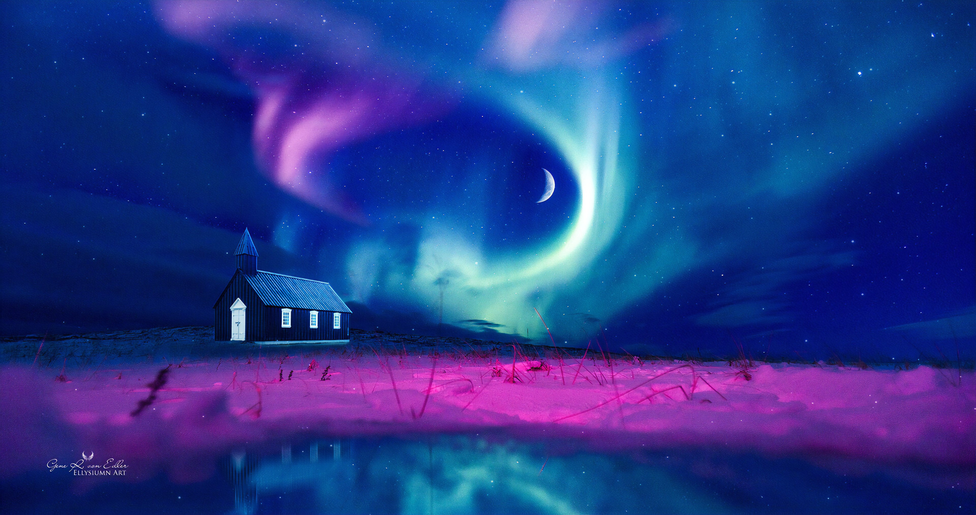aurora, northern lights, artist, artwork, digital art, hd, 4k, house, HD Wallpaper