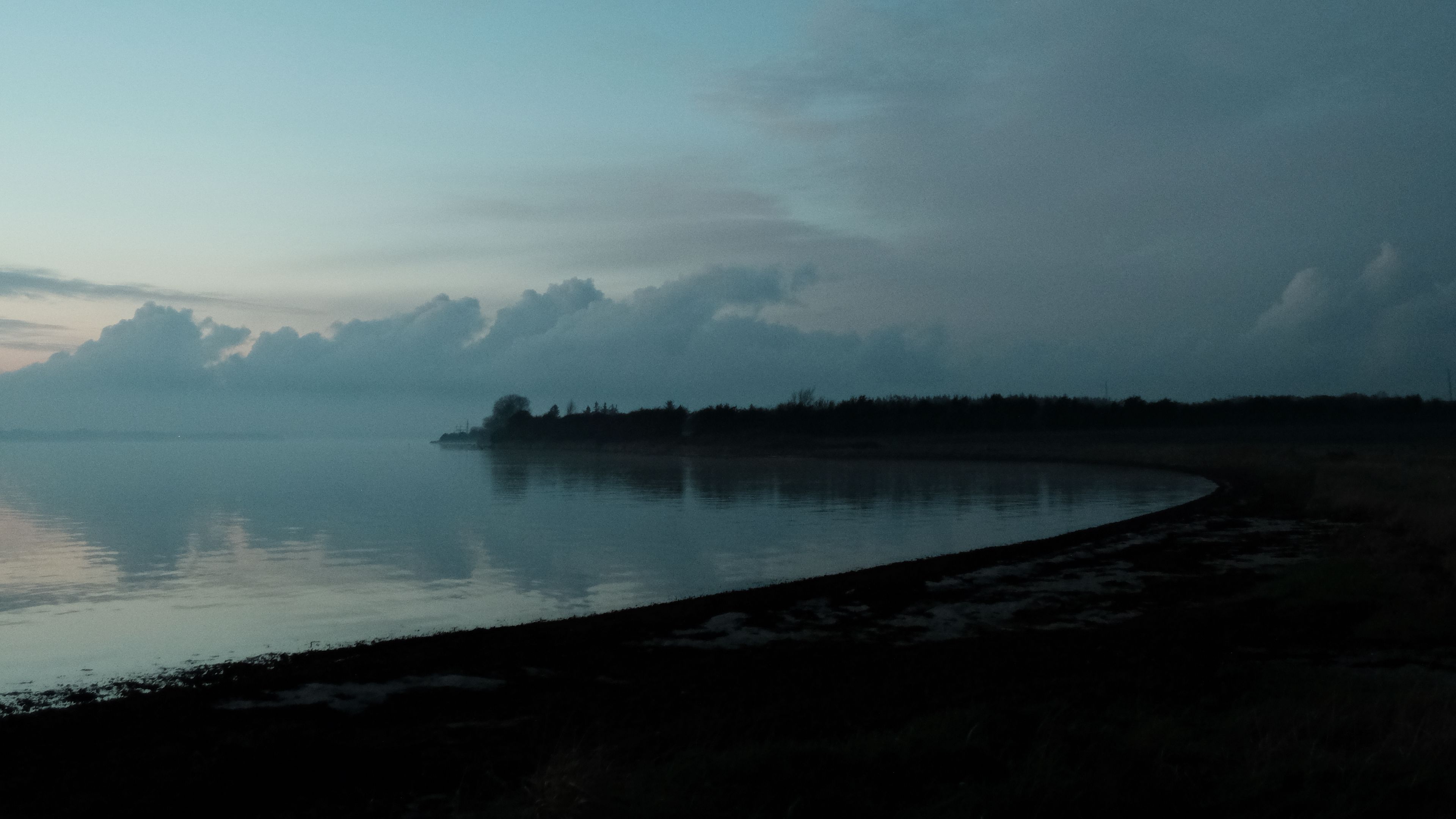 lake, coast, dusk, landscape, dark, 4k, HD Wallpaper