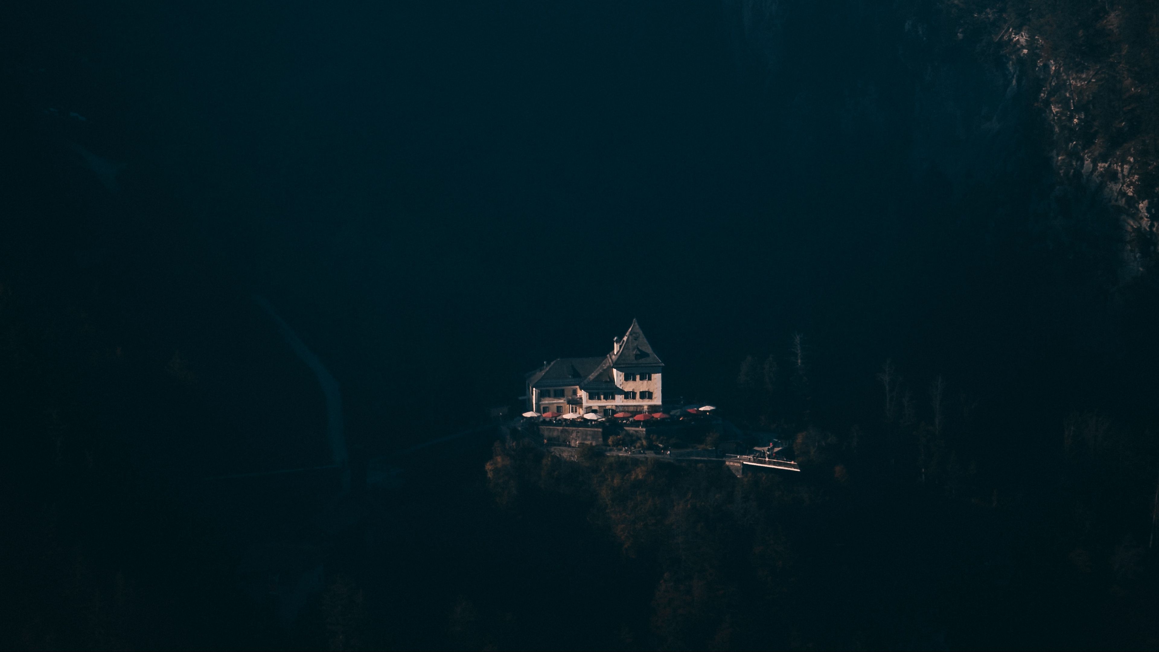 house, mountains, aerial view, shadow, dark, 4k, HD Wallpaper