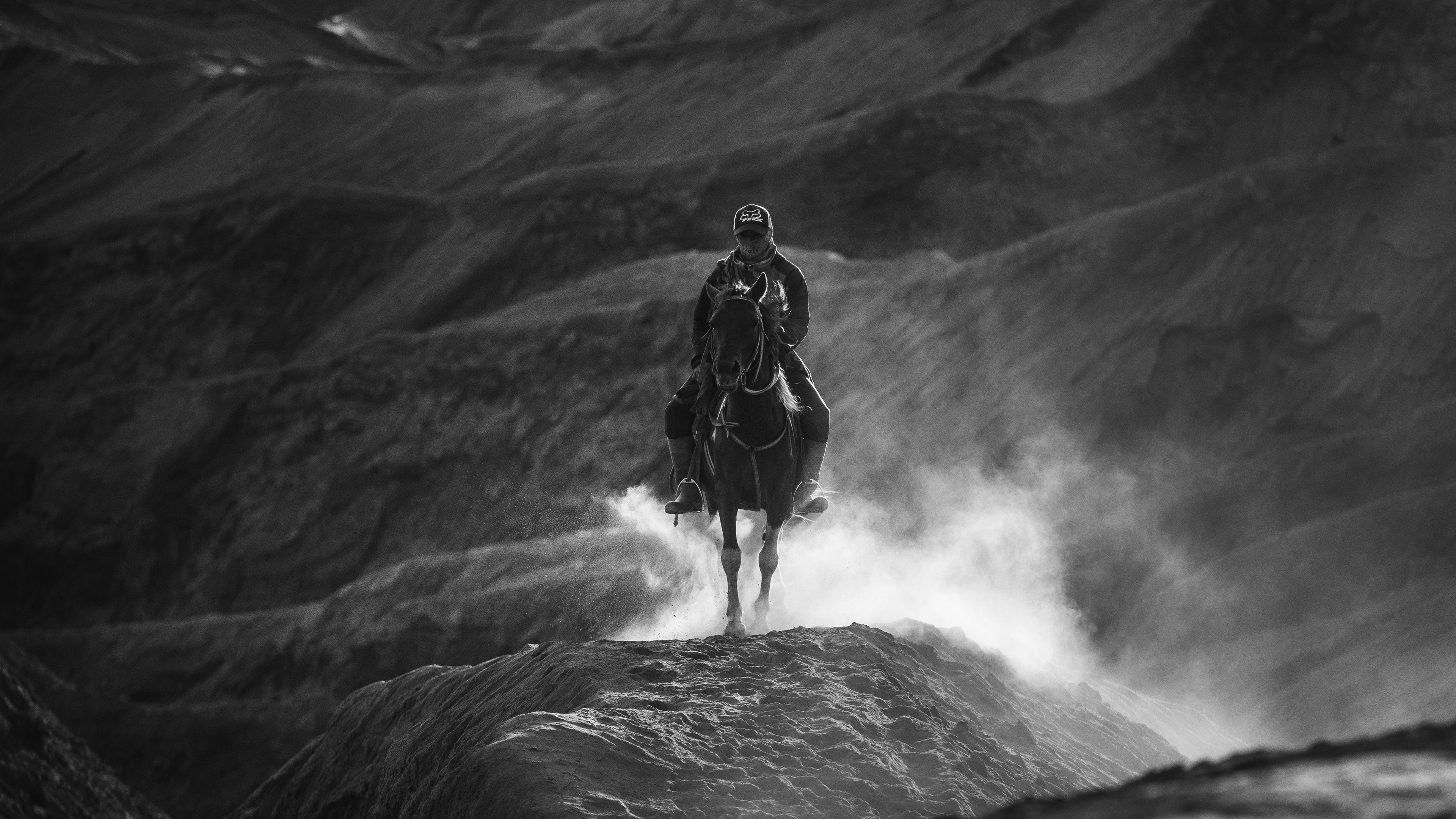 horseman, bw, horse, mountains, hills, 4k, HD Wallpaper
