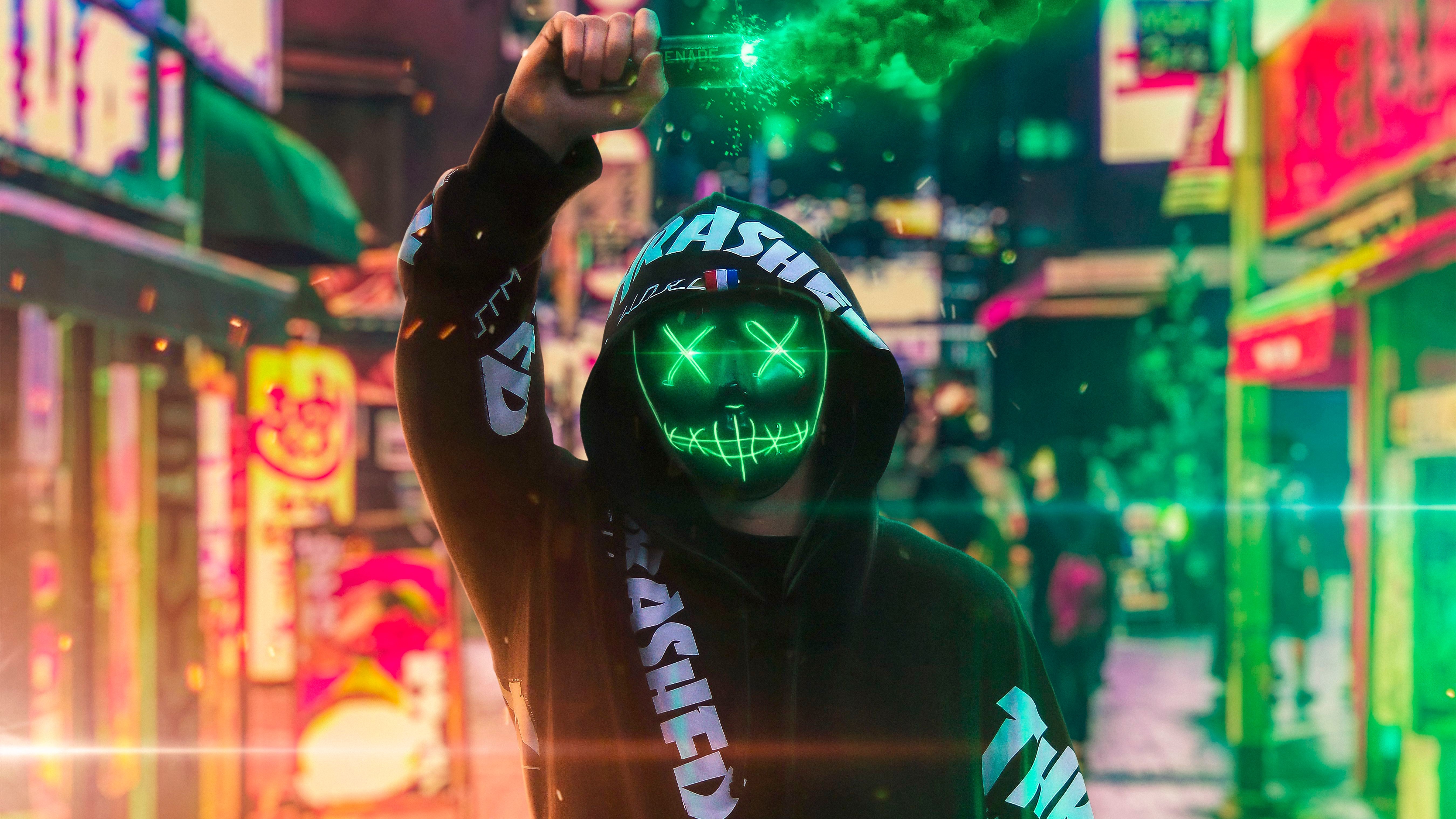 artist, hd, 4k, neon, mask, green, smoke, 5k, HD Wallpaper