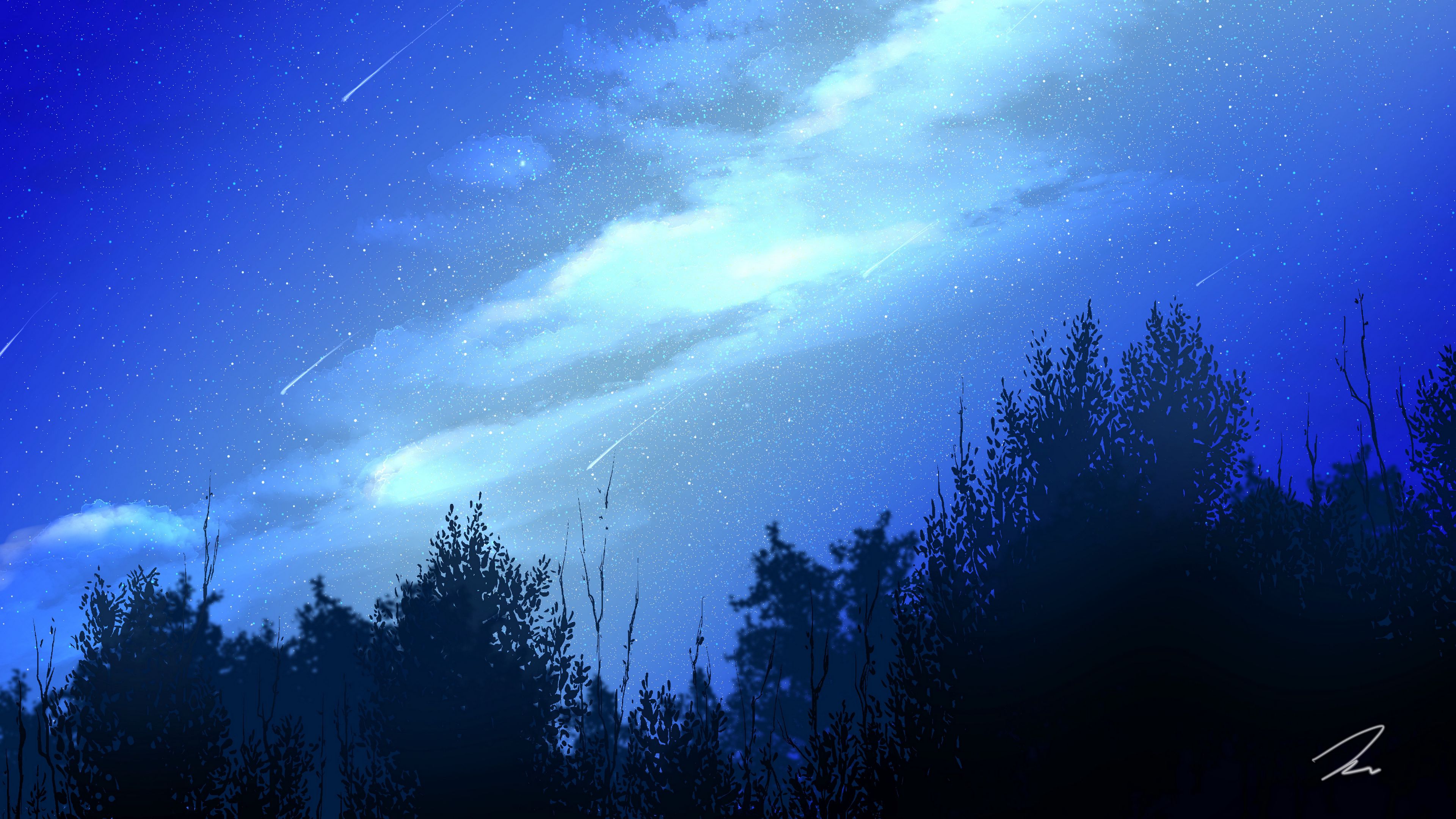 night, starfall, trees, clouds, starry sky, 4k, HD Wallpaper