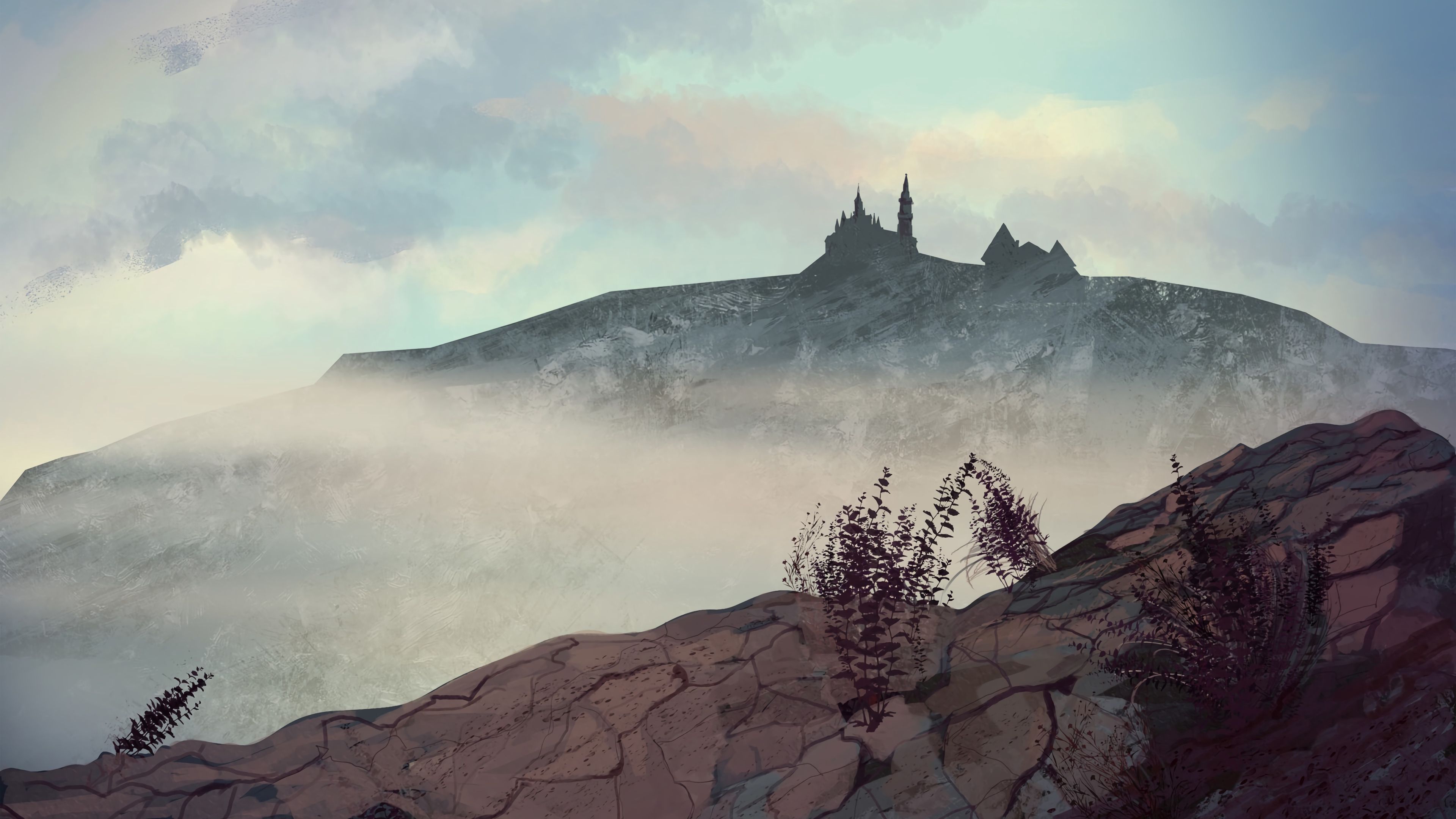 hill, castle, fog, mountains, art, 4k, HD Wallpaper