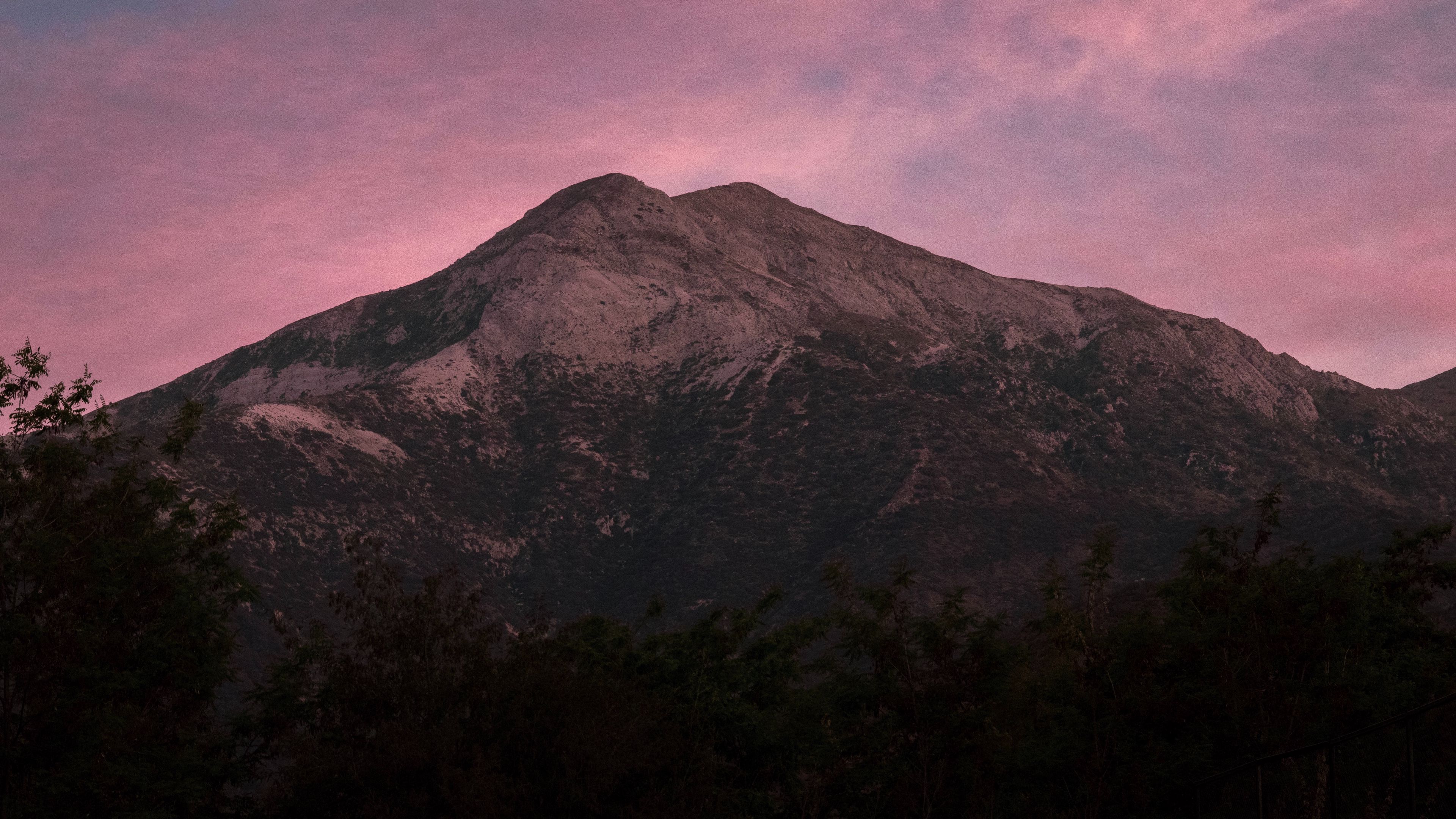 mountain, trees, dusk, sky, purple, 4k, HD Wallpaper