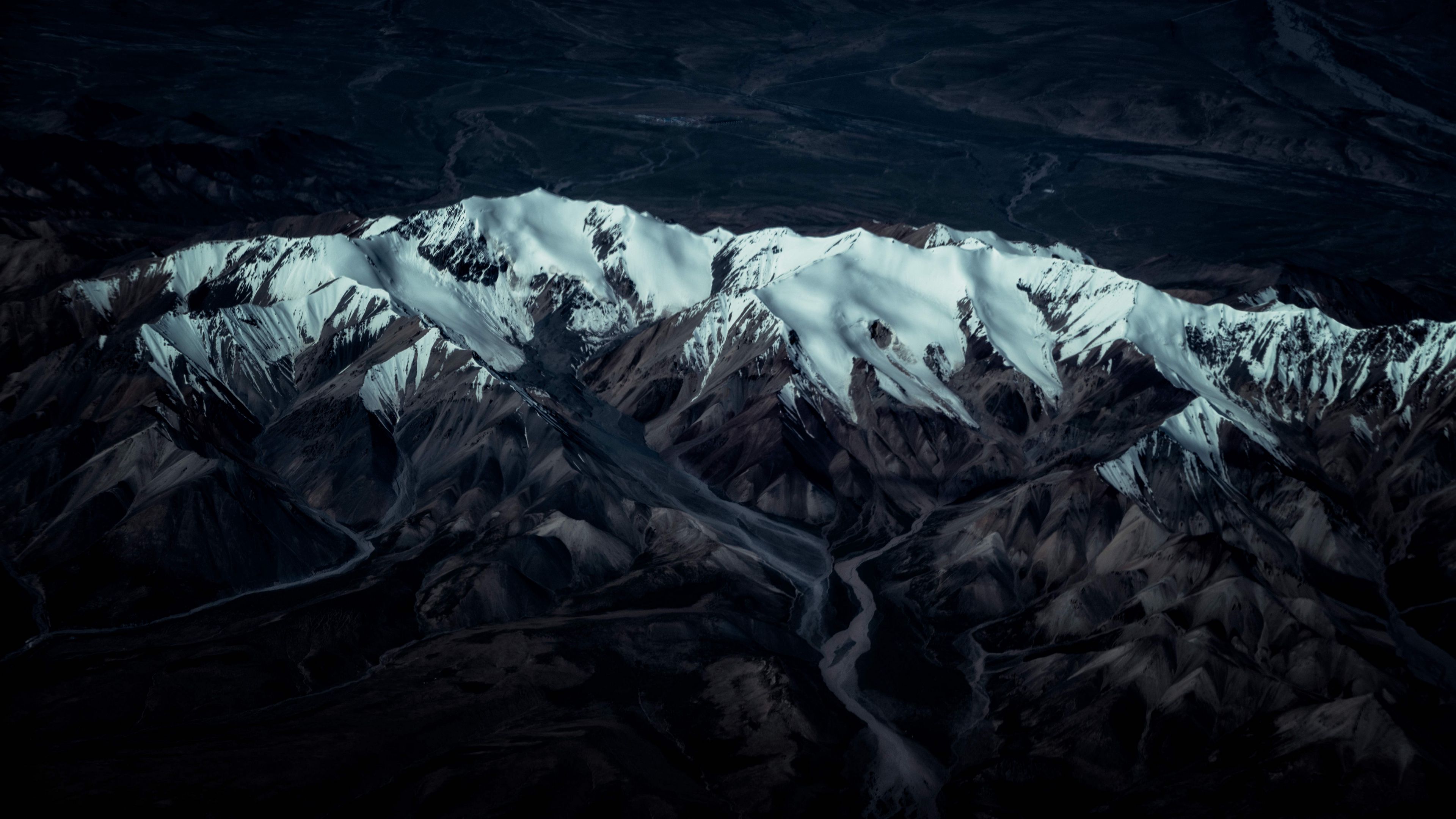 mountains, peaks, aerial view, snow, relief, 4k, HD Wallpaper