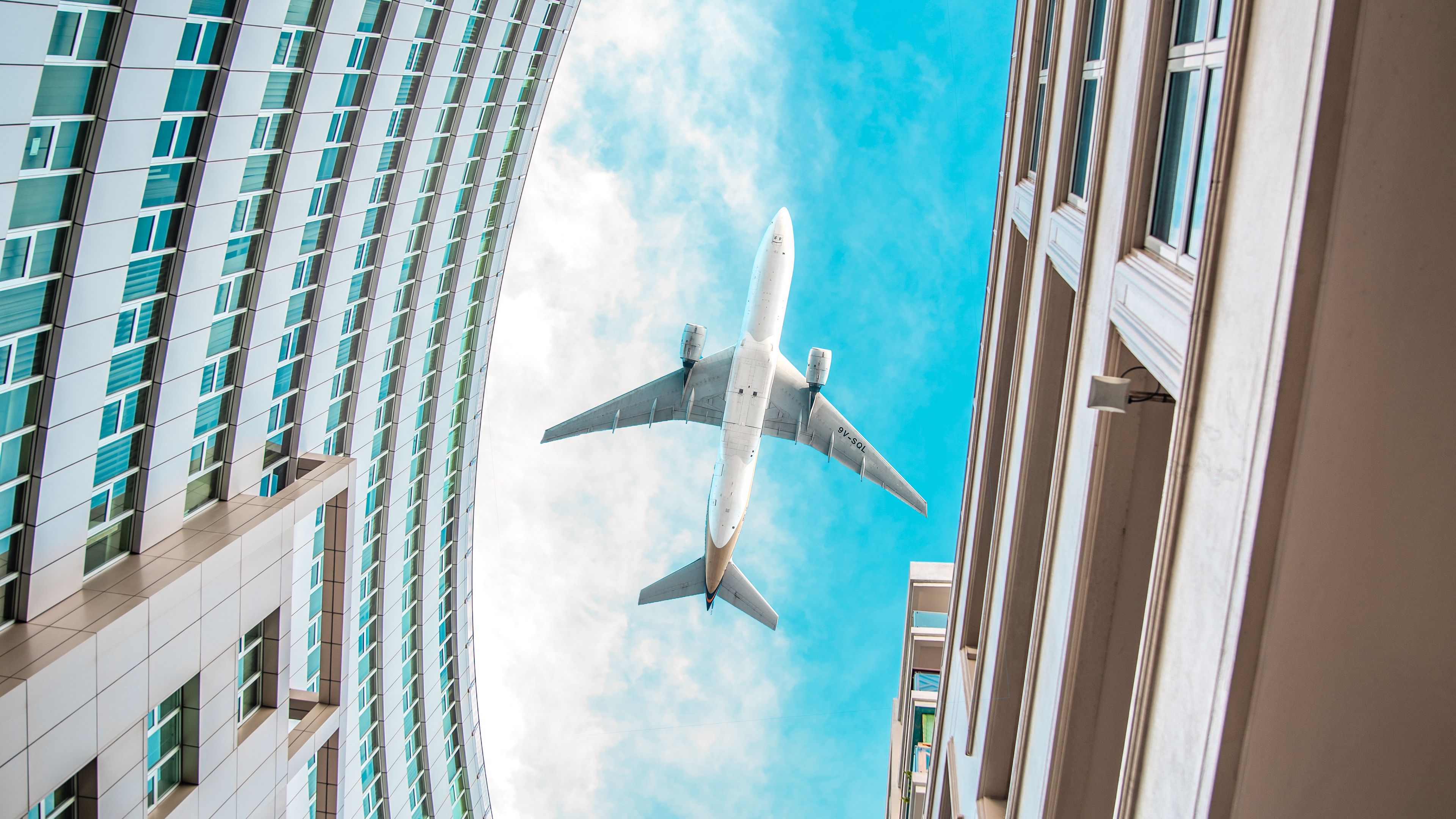 buildings, plane, sky, clouds, bottom view, 4k, HD Wallpaper