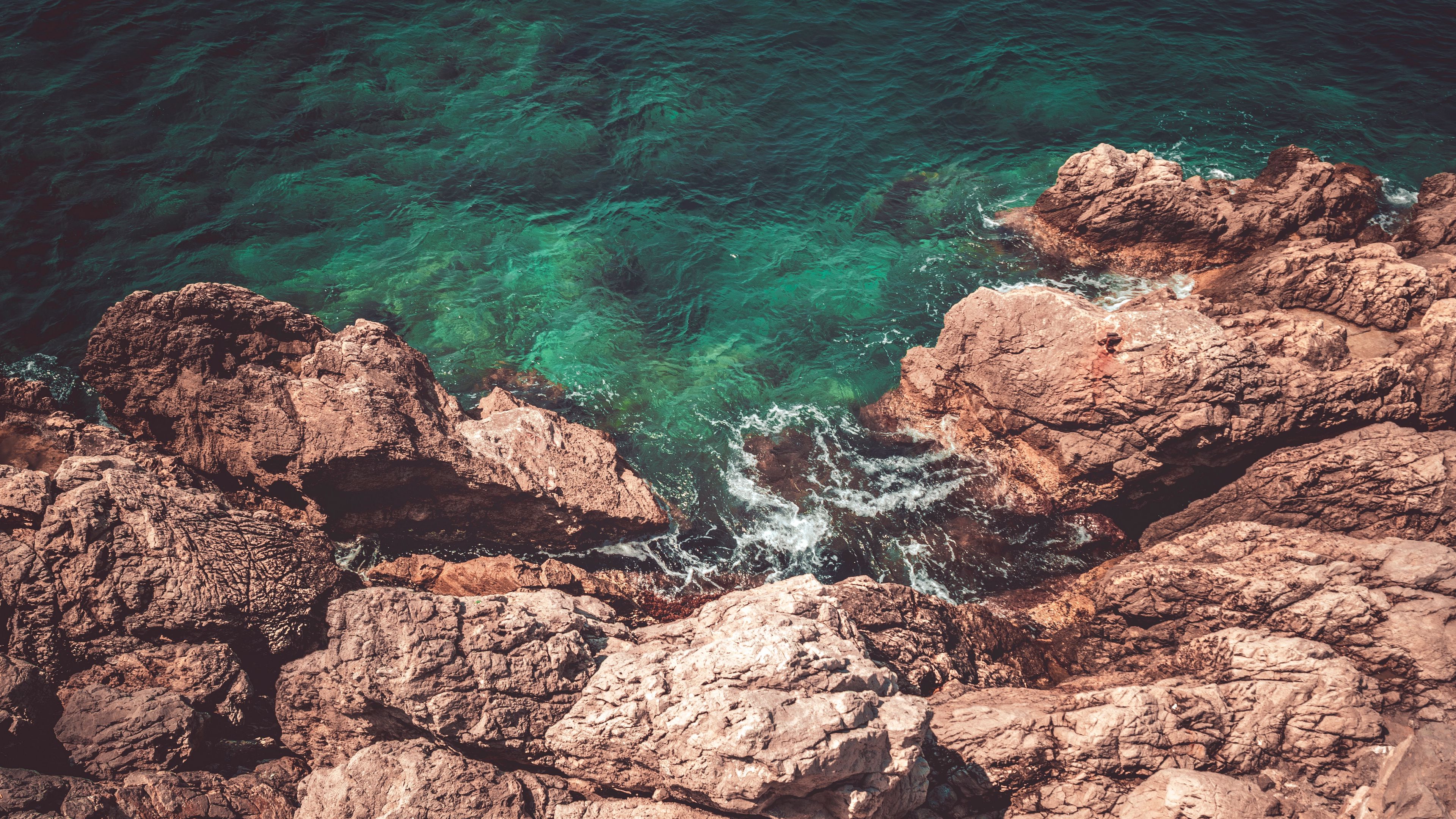 rocks, water, aerial view, coast, sea, 4k, HD Wallpaper