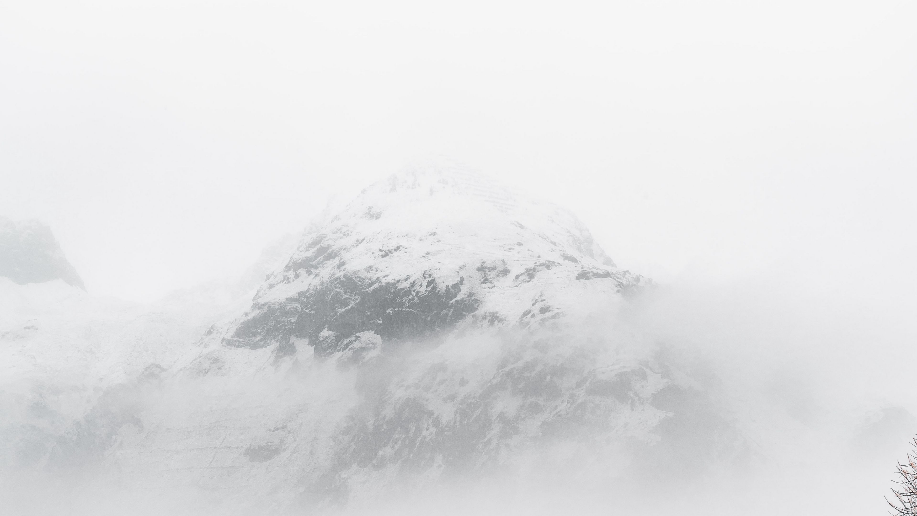 mountain, peak, fog, trees, landscape, winter, 4k, HD Wallpaper