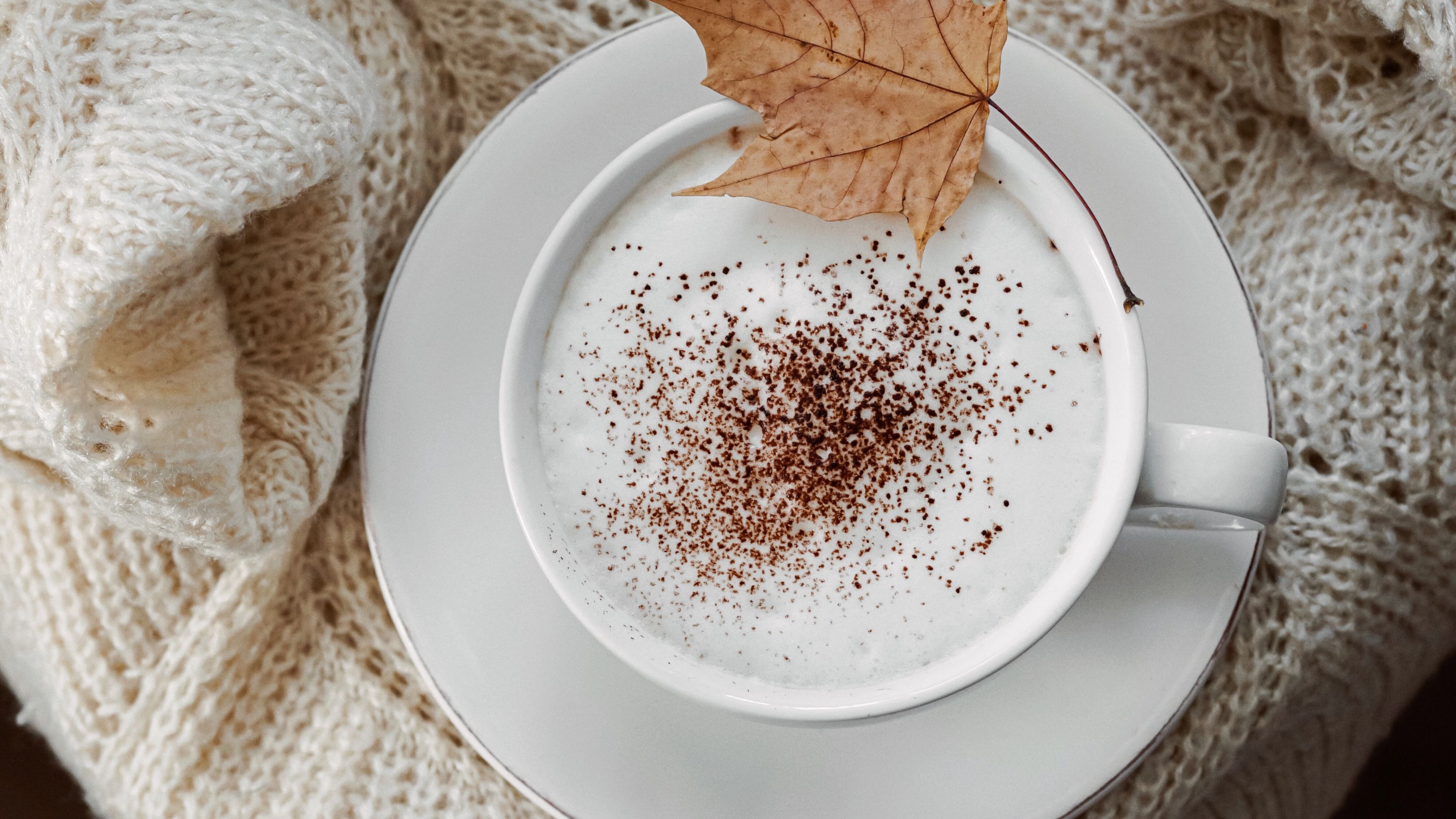 cup, coffee, drink, foam, leaf, 4k, HD Wallpaper