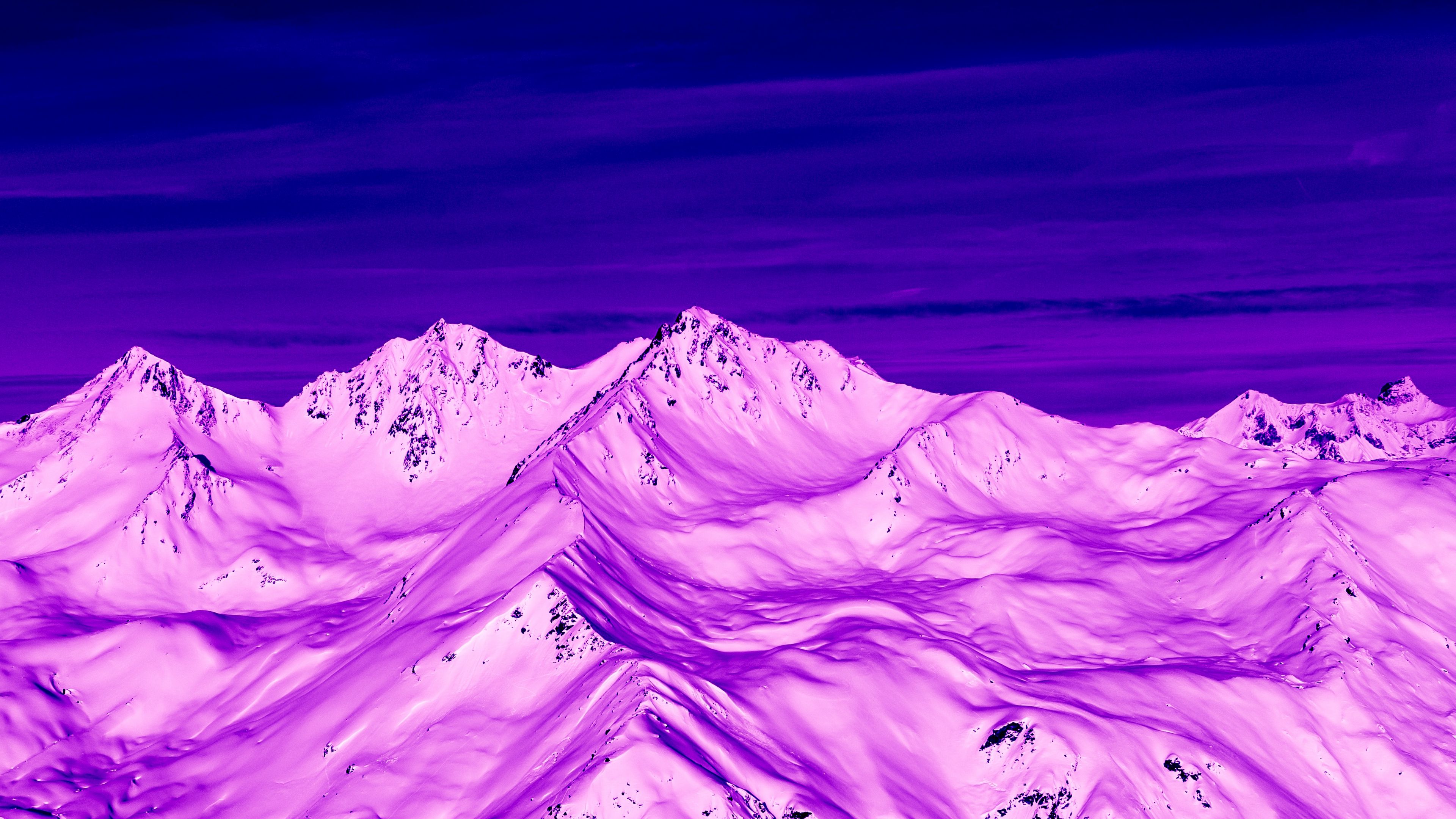 mountains, peaks, aerial view, purple, snow, dusk, 4k, HD Wallpaper