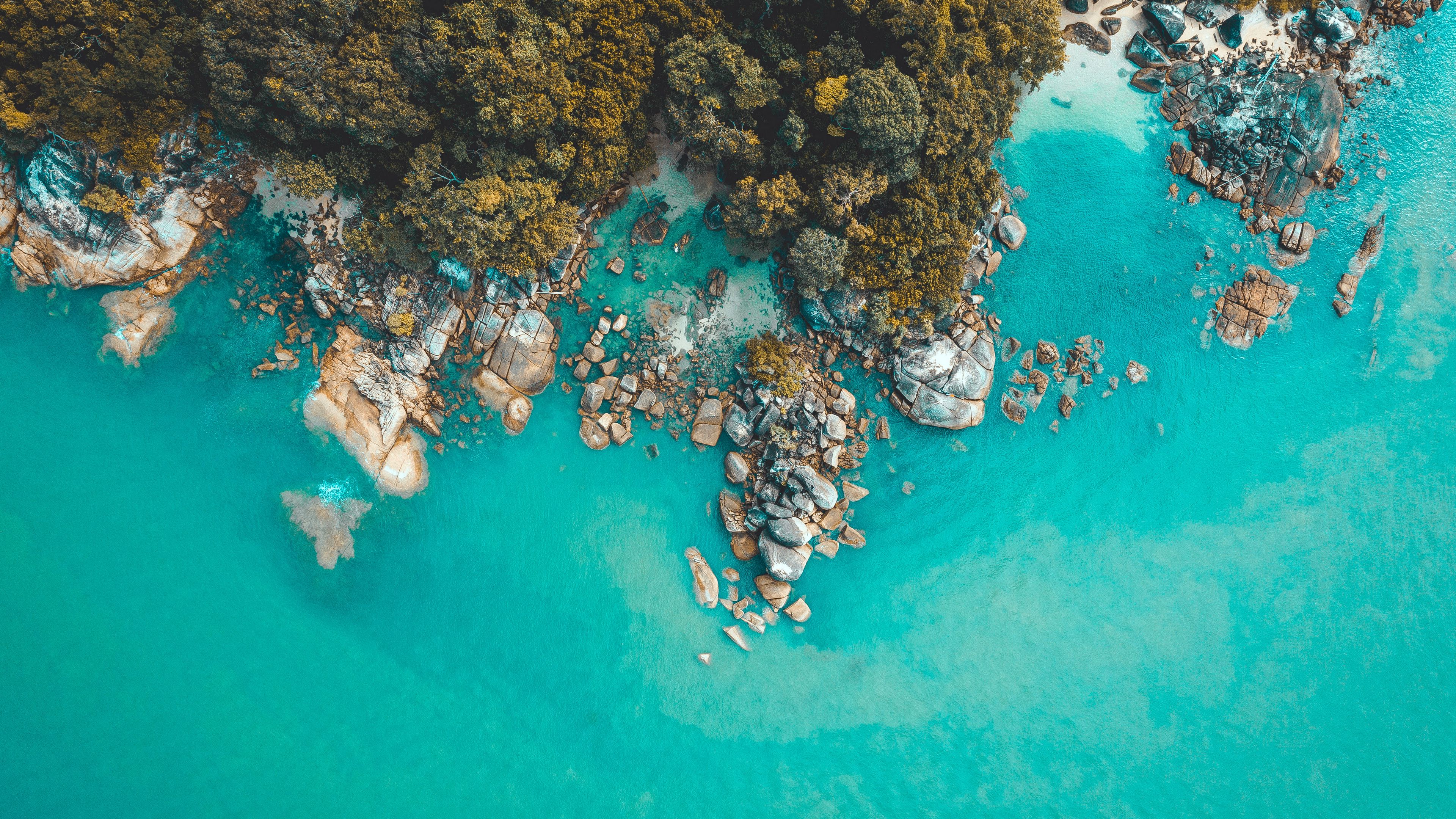 coast, rocks, aerial view, sea, water, 4k, HD Wallpaper