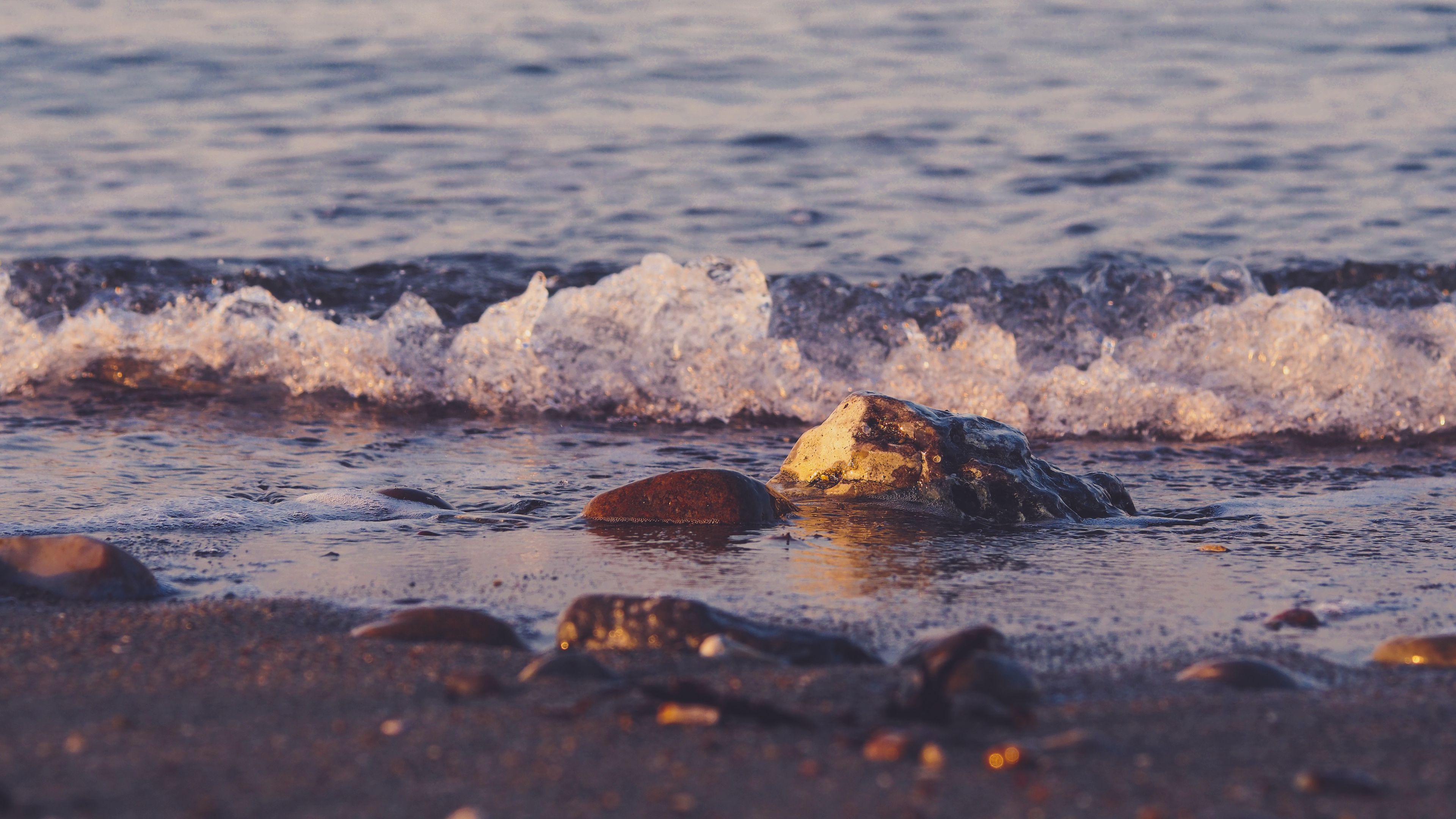 beach, pebbles, waves, water, sea, 4k, HD Wallpaper