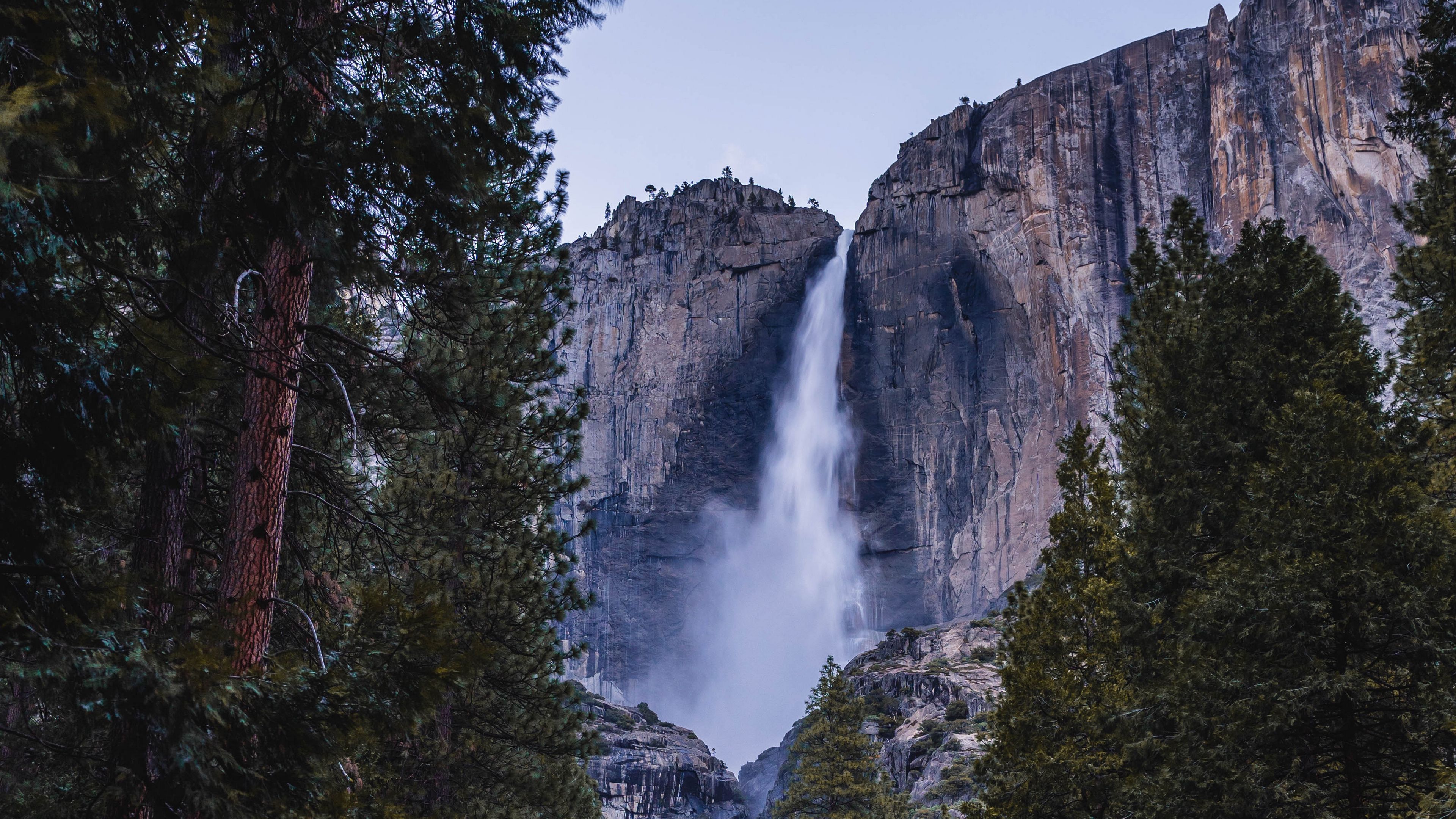 waterfall, cliff, trees, stones, nature, 4k, HD Wallpaper