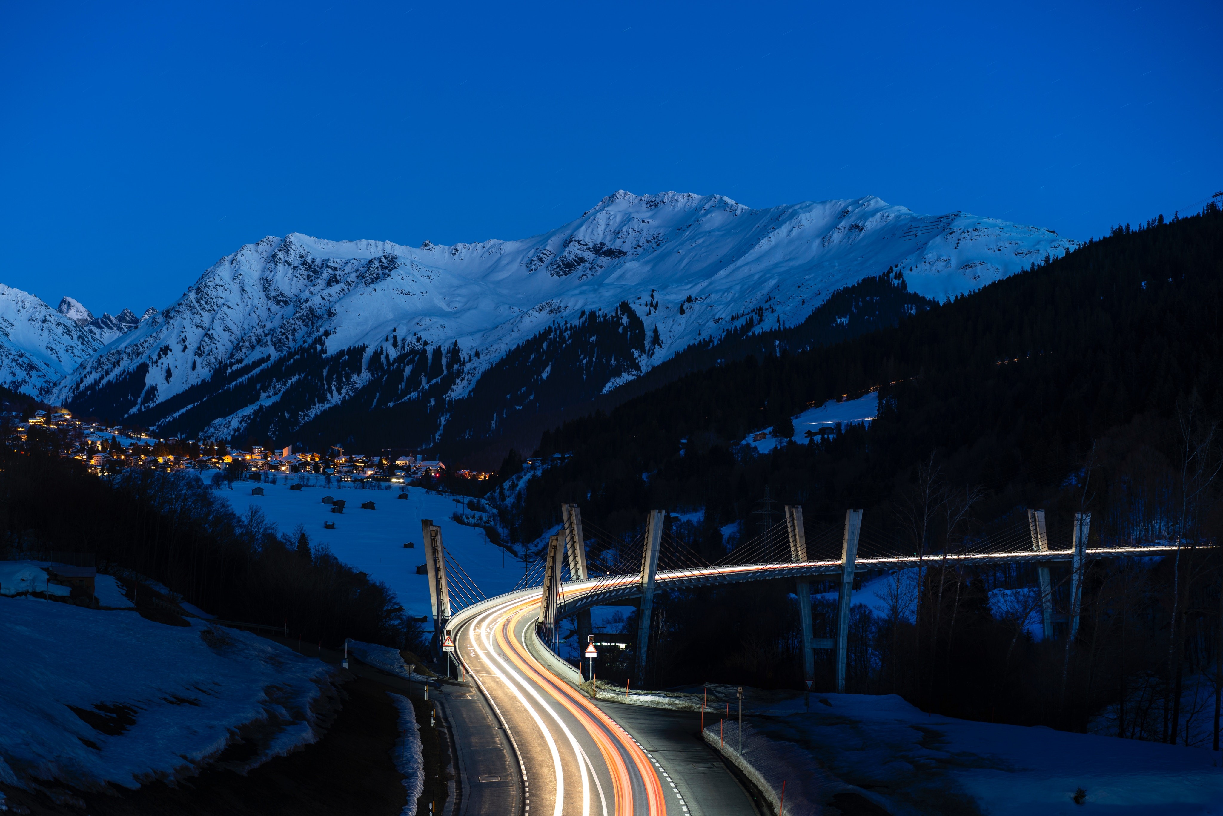 long exposure, road, photography, hd, 4k, winter, mountains, HD Wallpaper