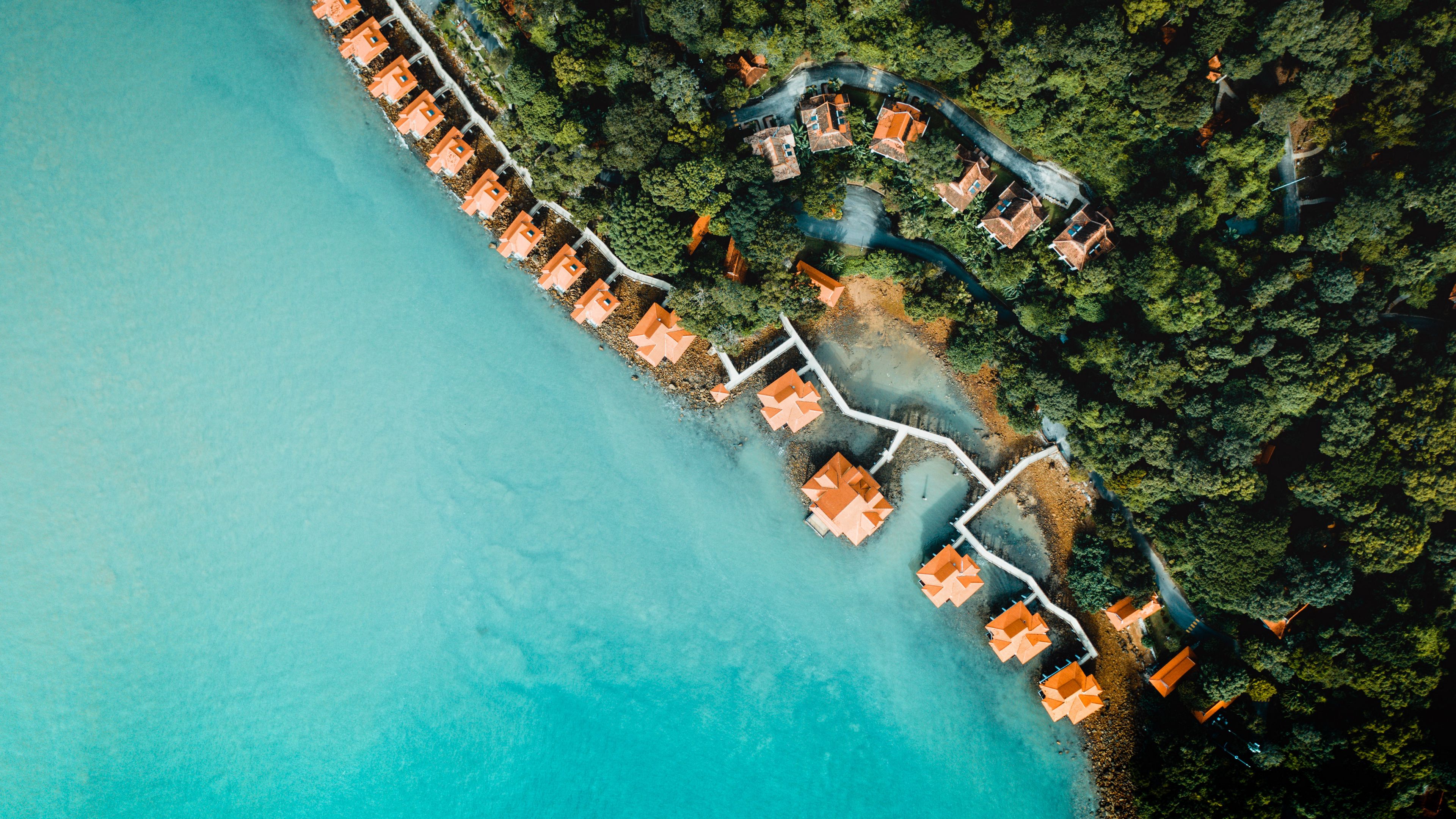 sea, bungalow, aerial view, beach, trees, 4k, HD Wallpaper