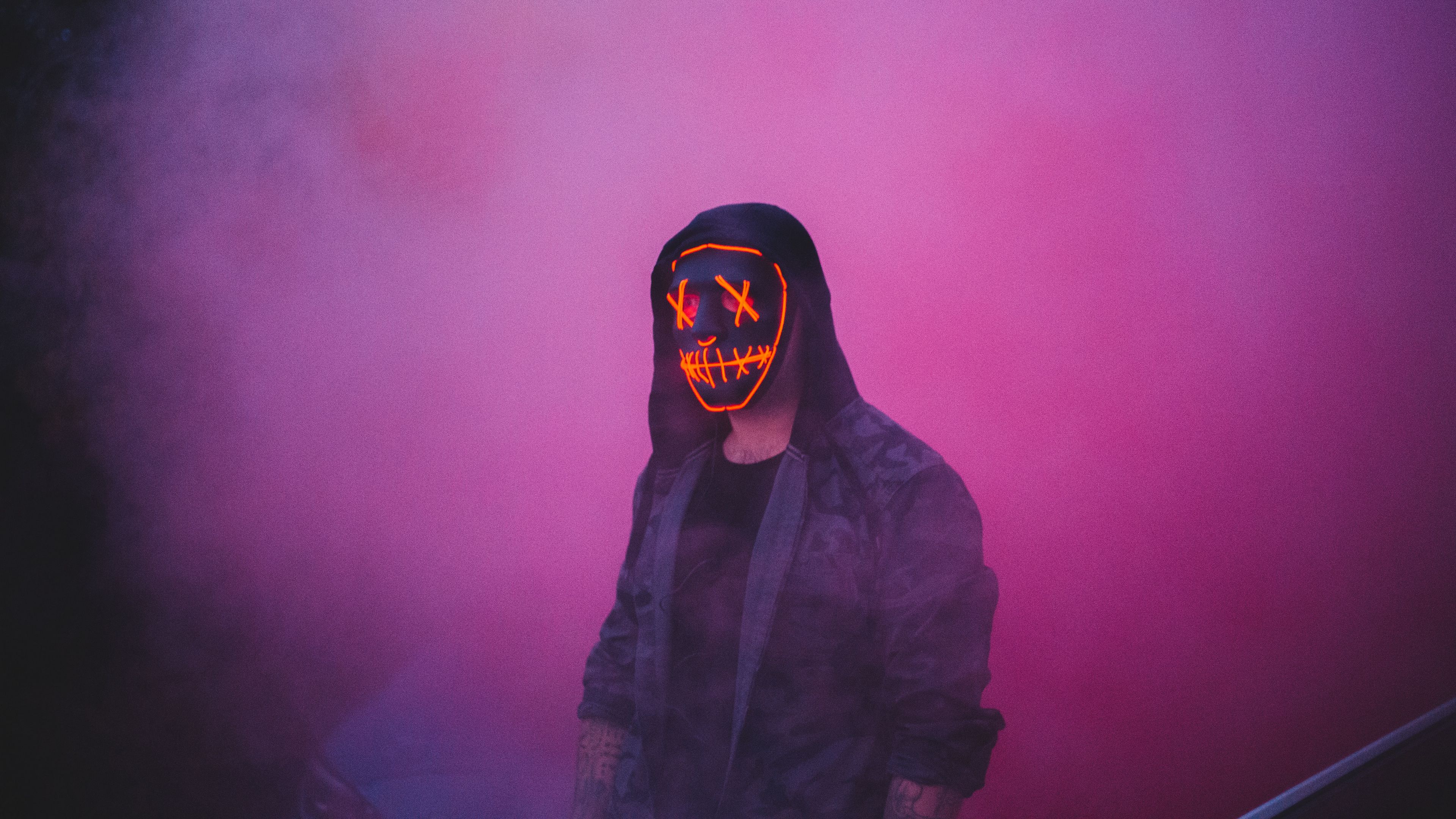 silhouette, mask, hood, smoke, cloud, 4k, HD Wallpaper