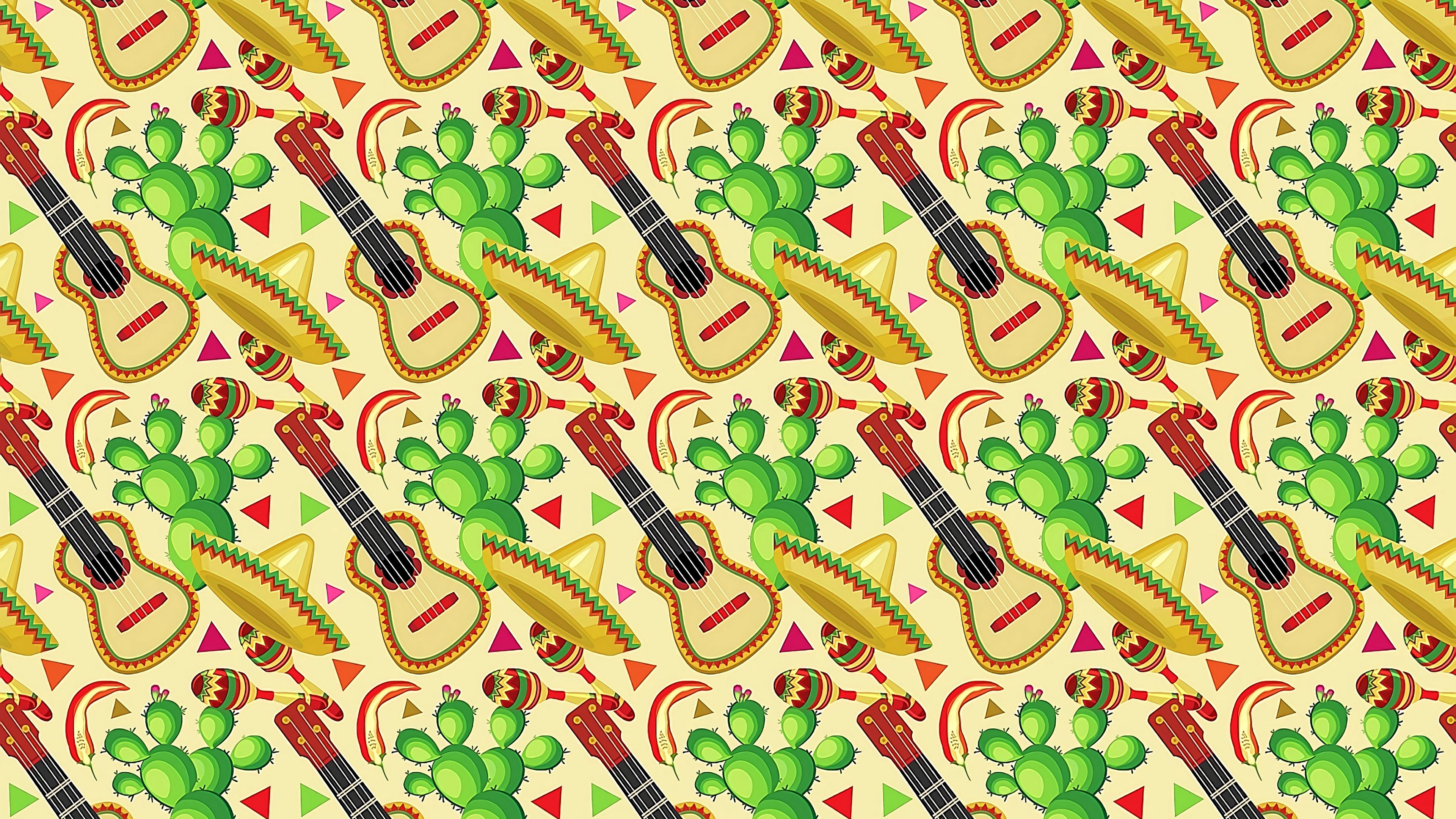sombrero, guitar, cactus, pattern, mexican, 4k, HD Wallpaper