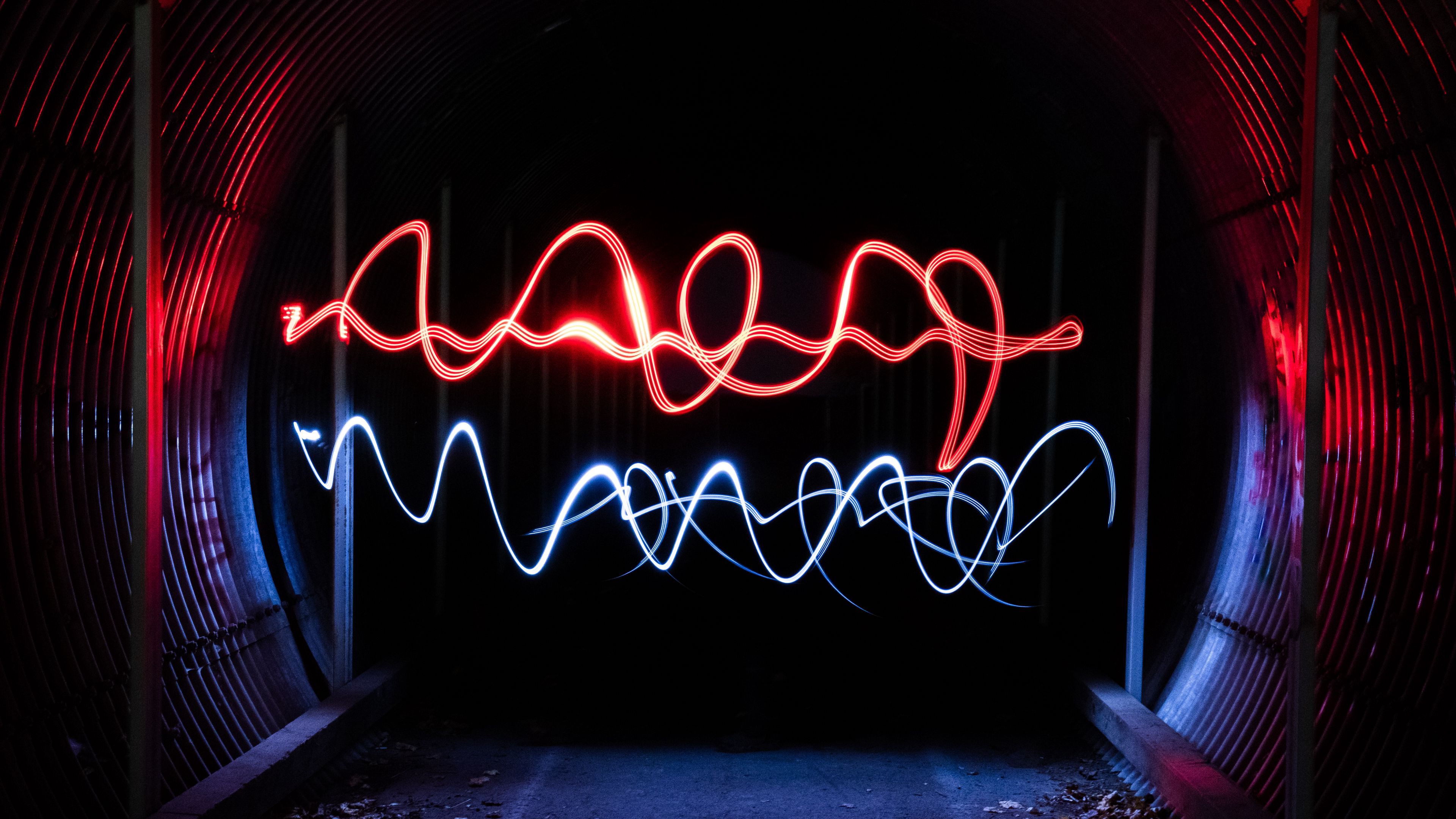 lines, light, long exposure, dark, tunnel, 4k, HD Wallpaper