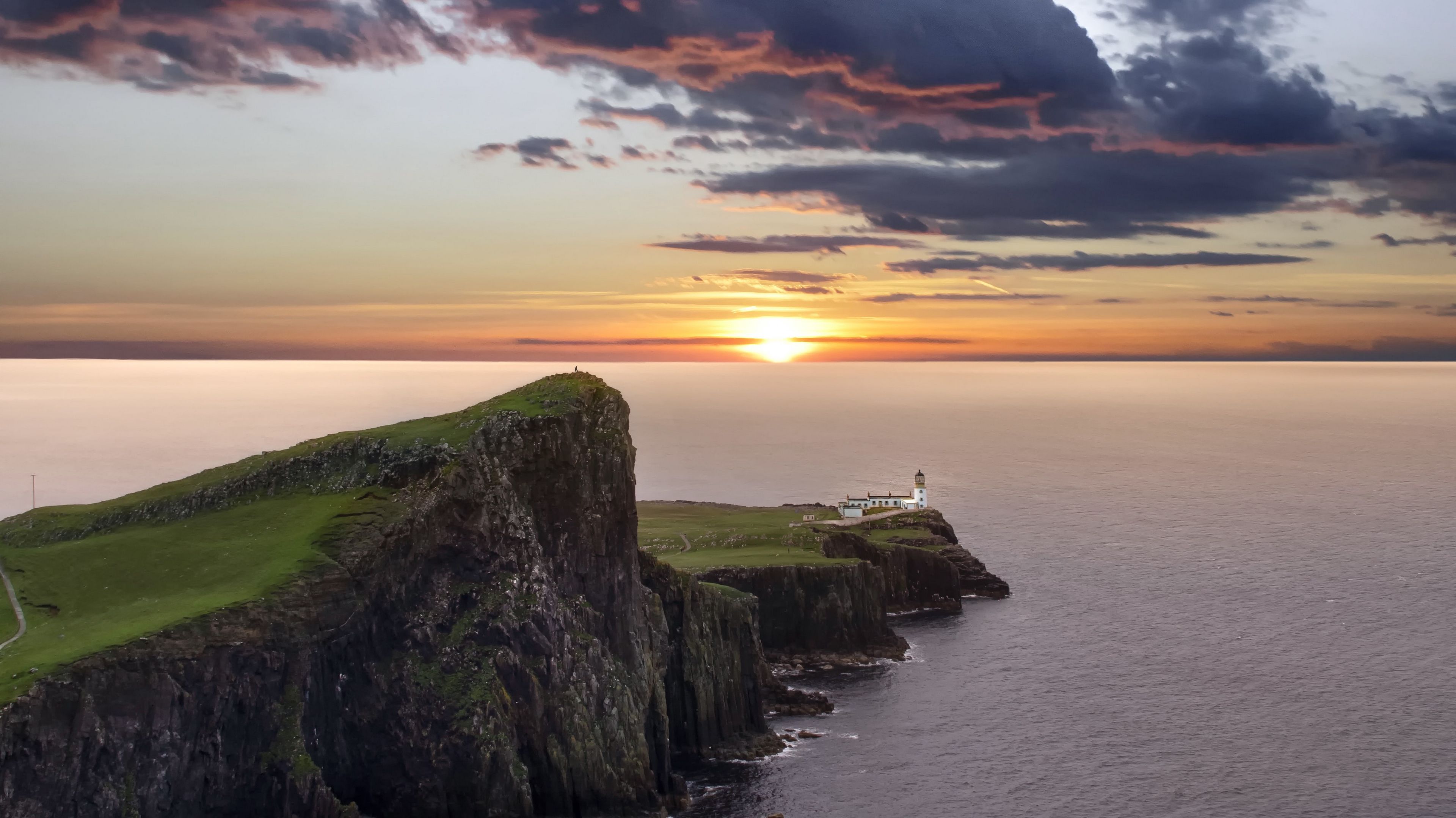 crag, sunset, lighthouse, sea, horizon, 4k, HD Wallpaper