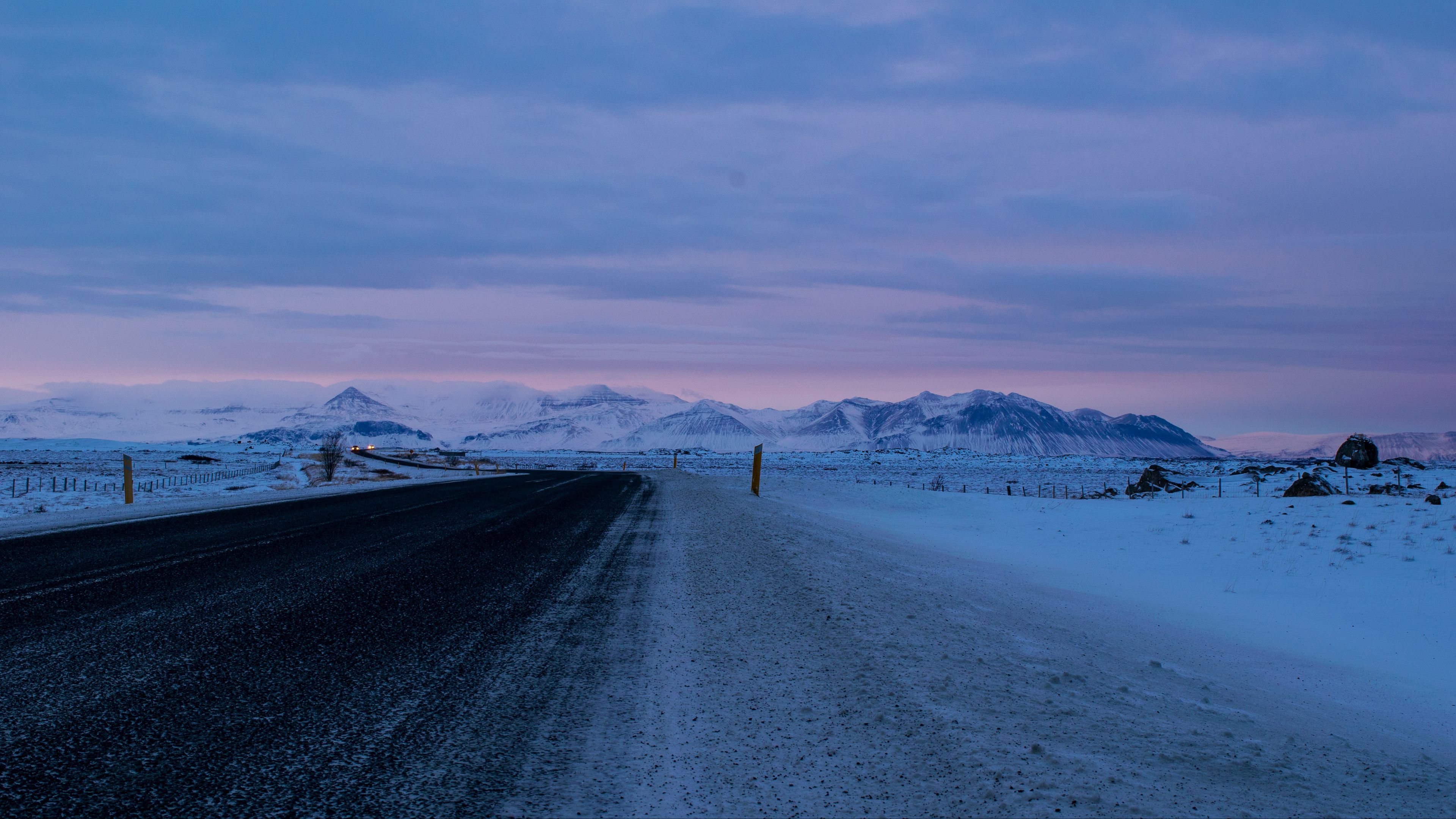 road, asphalt, snow, mountains, dusk, 4k, HD Wallpaper