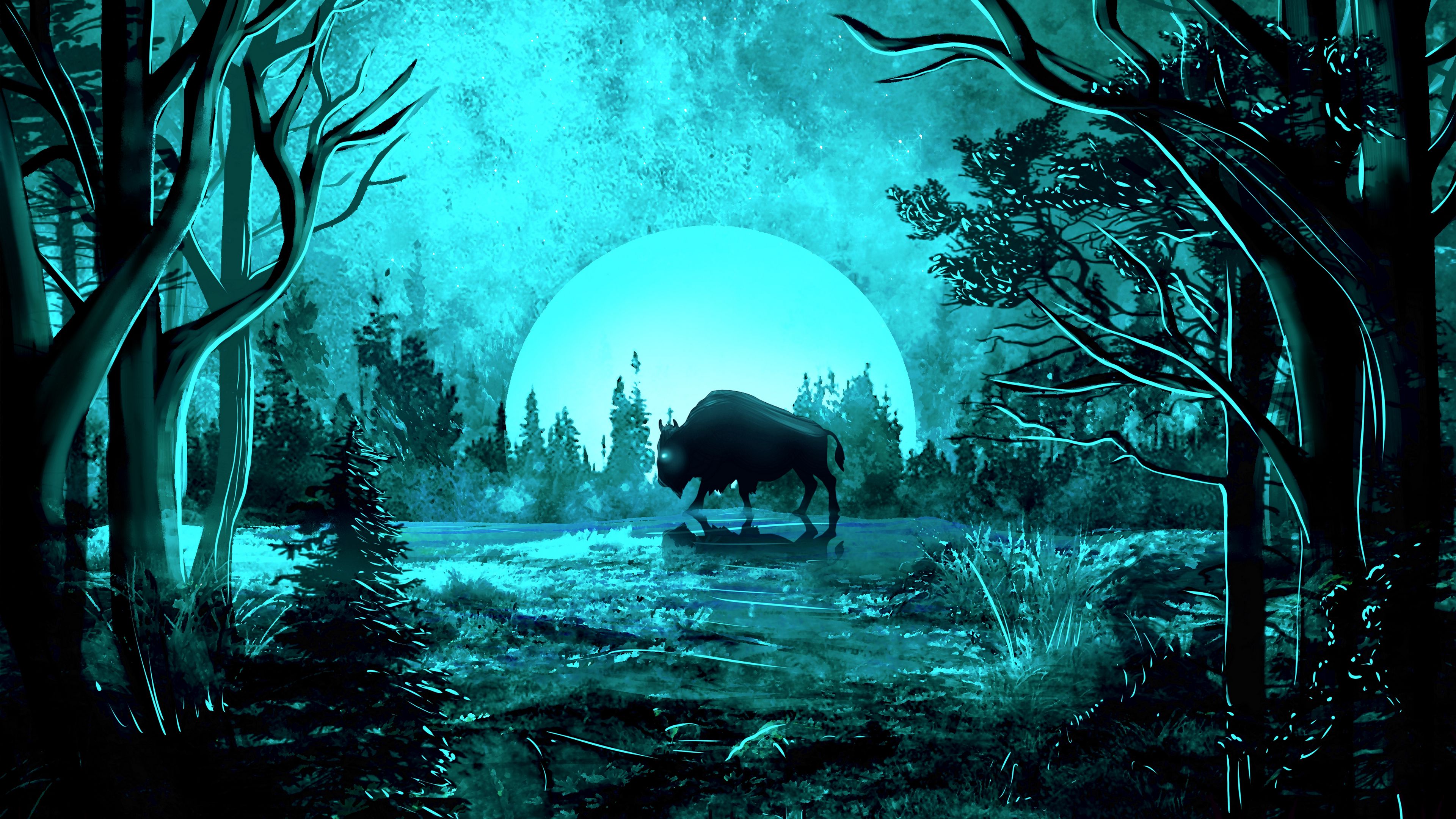 bison, moon, night, light, art, 4k, HD Wallpaper