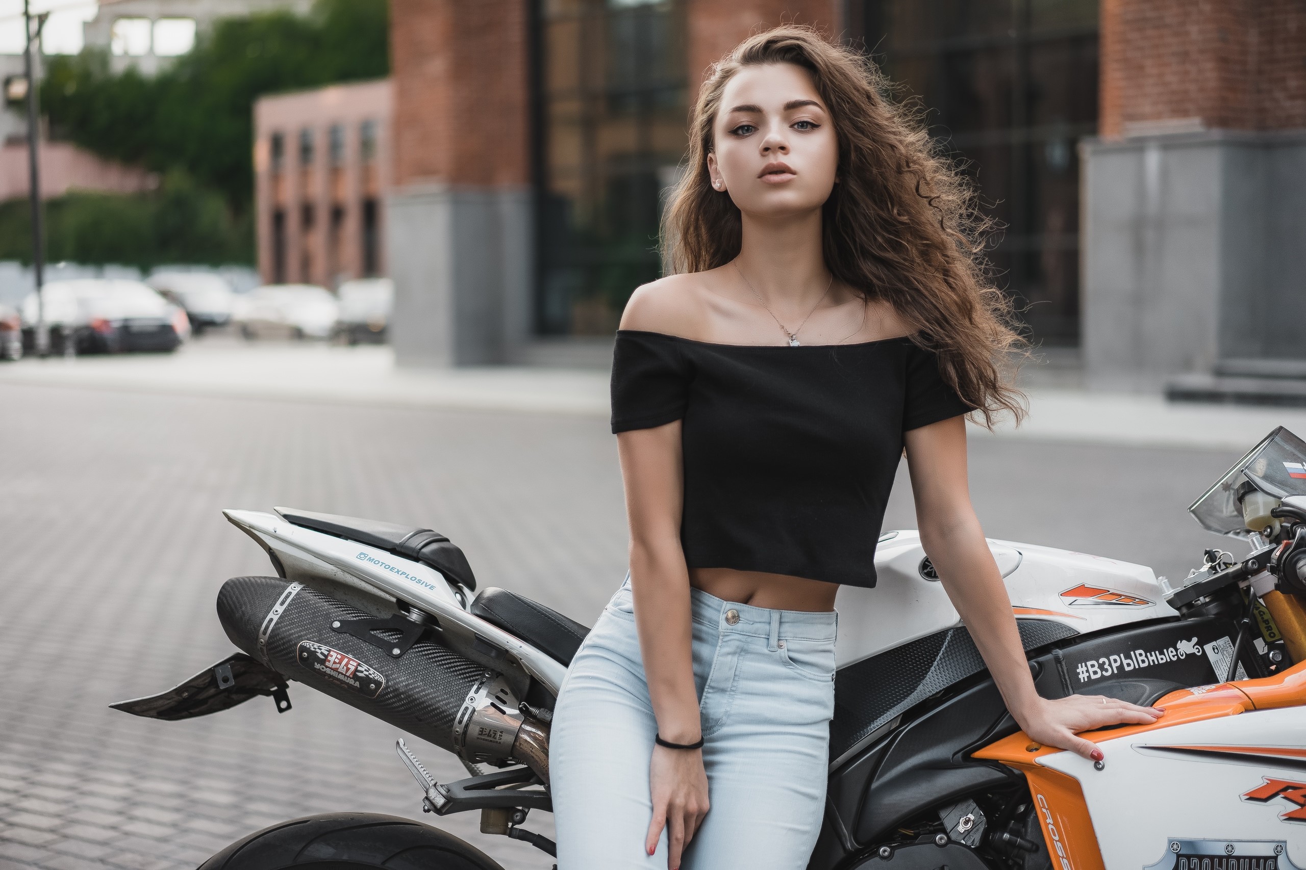 girls, brunette, model, hd, bike, HD Wallpaper