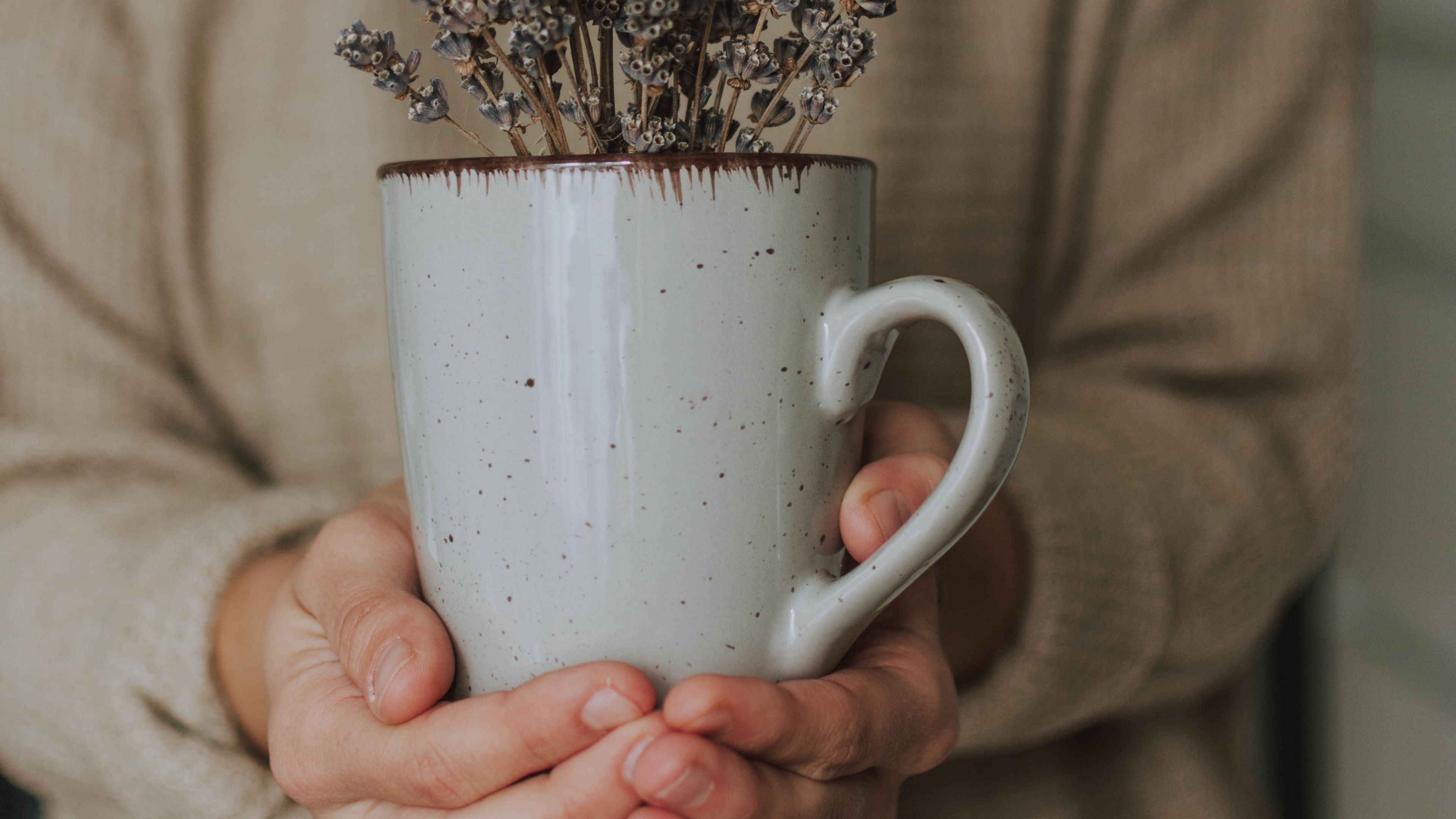 mug, lavender, flowers, hands, 4k, HD Wallpaper