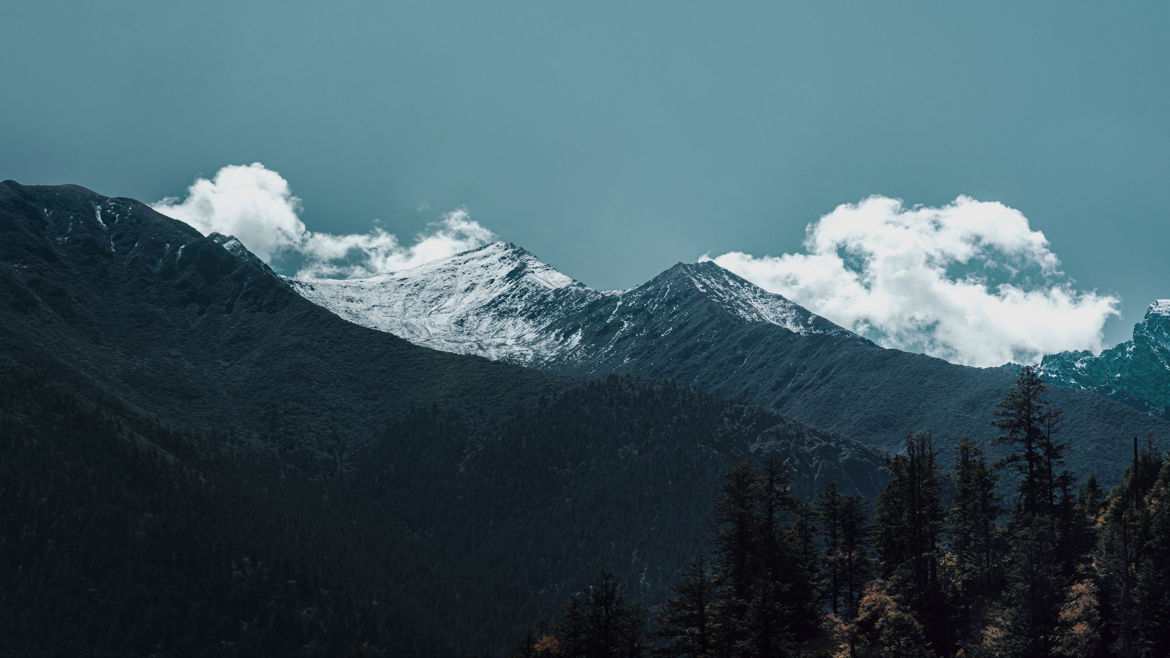 mountains, peaks, clouds, trees, landscape, 4k, HD Wallpaper