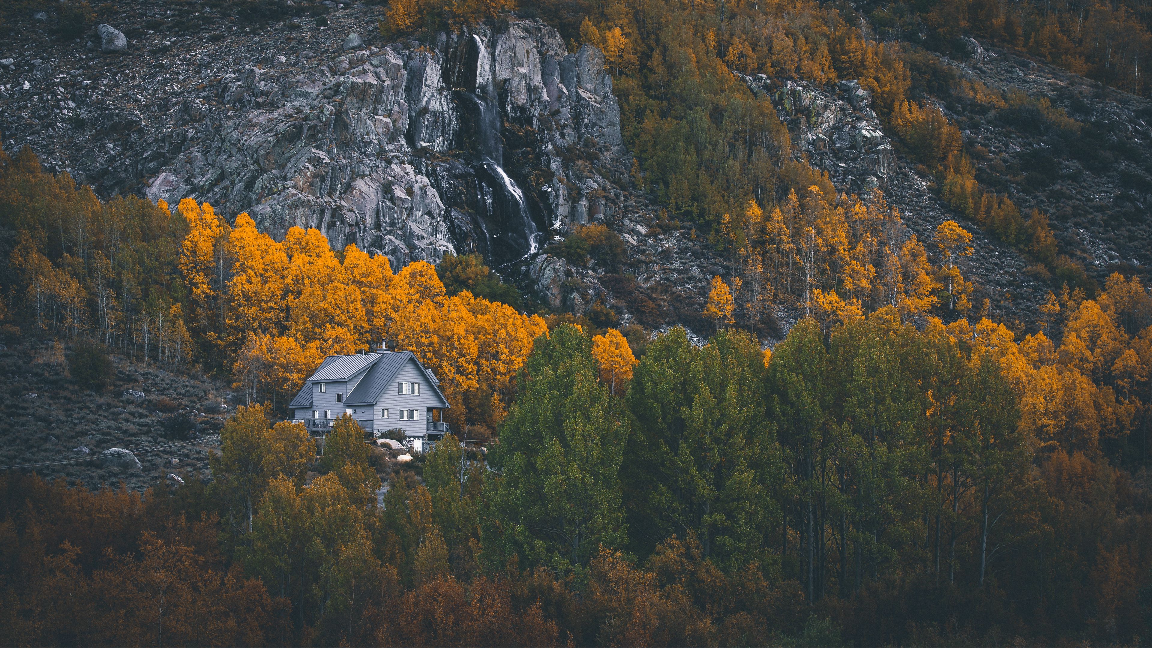 house, mountains, forest, rocks, trees, 4k, HD Wallpaper
