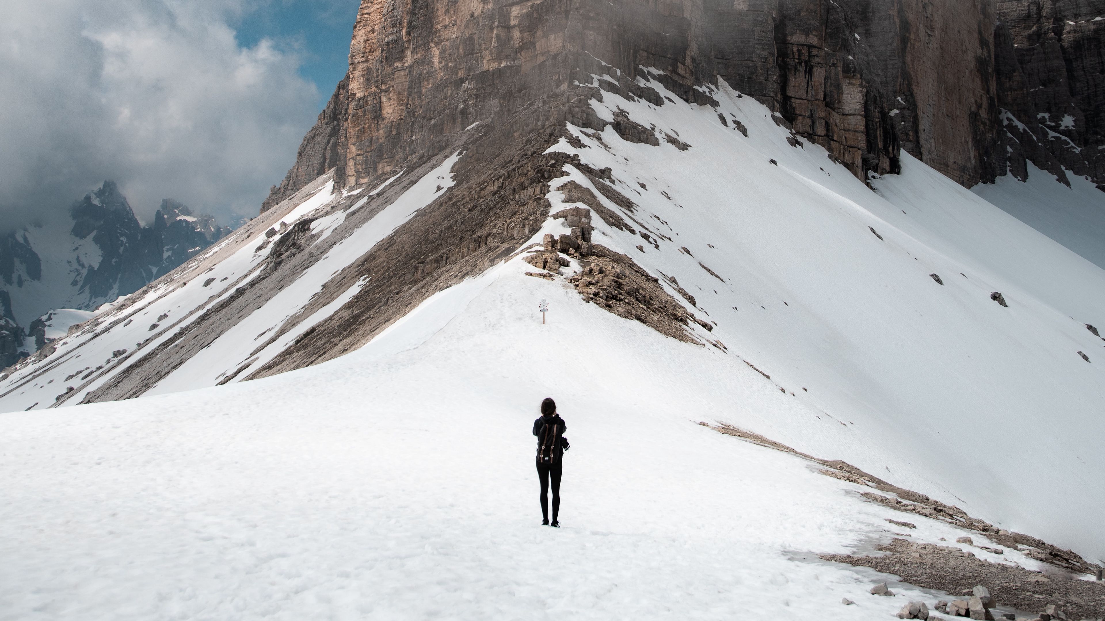mountain, peak, snow, silhouette, human, 4k, HD Wallpaper