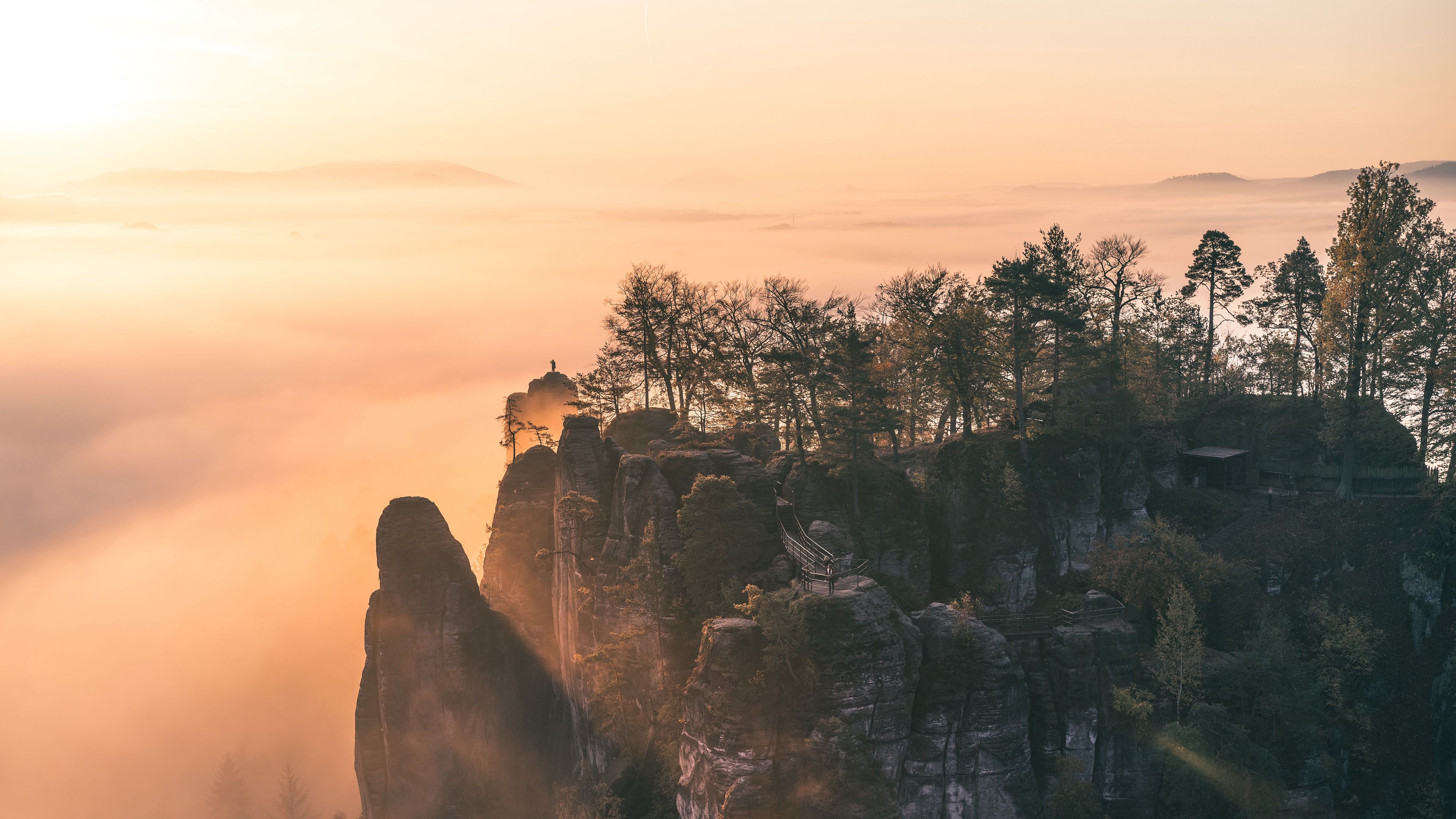 mountains, rocks, fog, trees, nature, 4k, HD Wallpaper